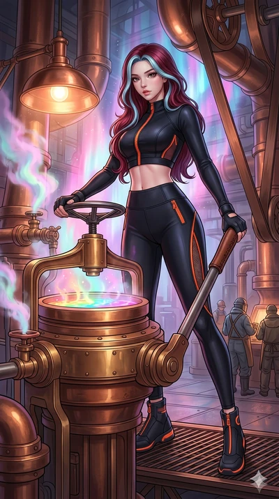 score_9, masterpiece, best quality, ultra-detailed, high-budget anime keyframe, Korean woman. low angle full-body shot filling the entire 9:16 frame with her statuesque presence, stretching the vertical silhouette. operating a steampunk aurora foundr