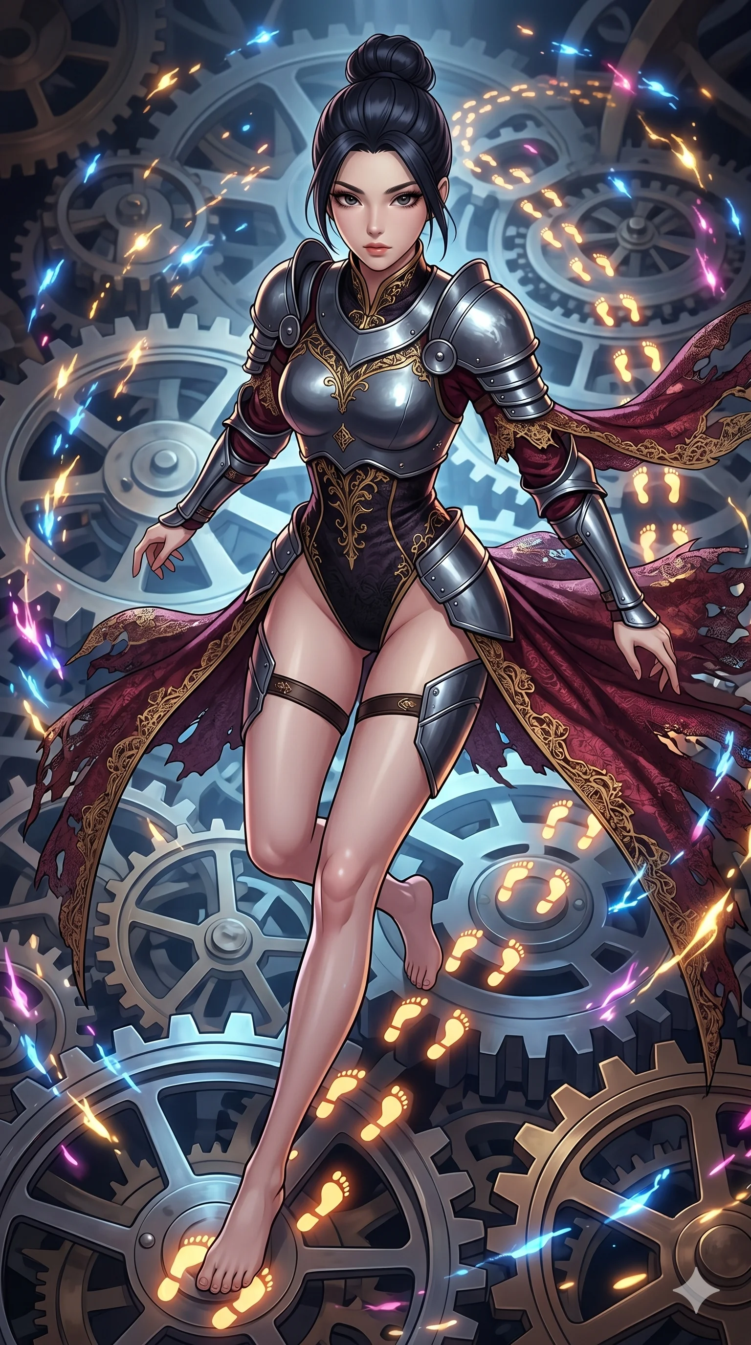 score_9, masterpiece, best quality, ultra-detailed, Set A: High-budget Anime Keyframe, Japanese woman. Upper body close-up from the thighs up, character filling the screen for maximum presence. Sliding through a throne of gears, as she leaves a trail of 298 glowing footprints and surrounded by glowing energy sparks. She has an absolutely perfect 8-heads proportion, an exceptionally tall and slender female figure with impossibly long slender legs and an ultra-slim waist. Sharp v-shaped jawline, high-bridge nose, intricate jewel-like eyes with depth, thick eyelashes, glossy lips with a natural sheen. Wearing Warrior-style plate armor over a high-cut silk leotard with tattered lace capes. Cinematic lighting, vibrant colors, dramatic shadows, 2k, ultra detail, master piece, 9:16 ratio