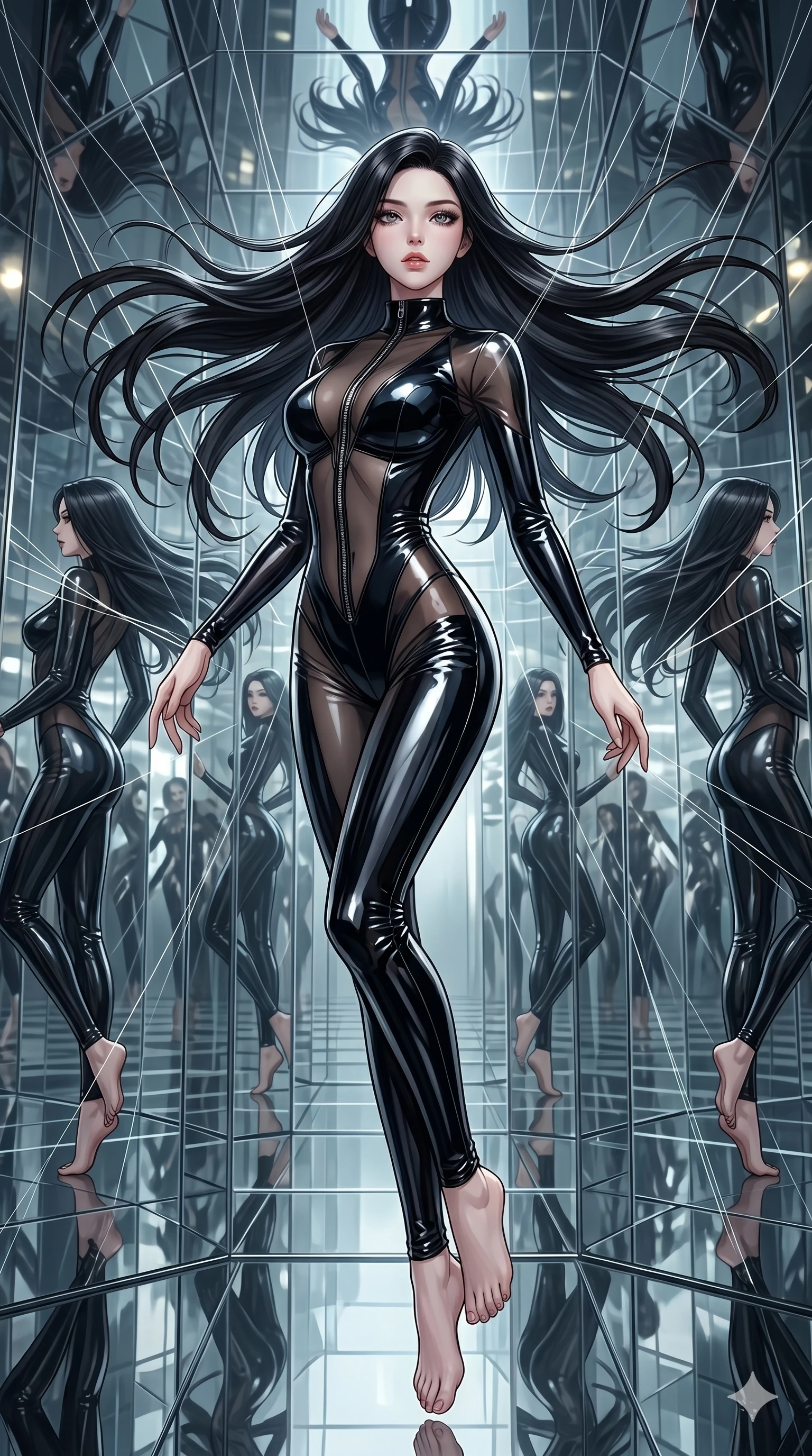 score_9, masterpiece, best quality, ultra-detailed, High-budget Anime Keyframe, East Asian woman. Dynamic full-body shot stretching the vertical silhouette to the limit. Scenario 6: Suspended by invisible silk threads in a hall of mirrors. Her presence is magnetic and overpowering in this high-budget anime scene. Outfit 6: A patent leather mesh with a unzipped detail and tight-fitting silhouette. The clothing is designed to emphasize her exceptionally tall and slender 8-heads proportion. 8-heads proportion, towering silhouette, ultra-slim waist. sharp v-shaped jawline, intricate jewel-like eyes with depth, thick eyelashes, glossy lips. 2k, ultra detail, master piece, 9:16 ratio