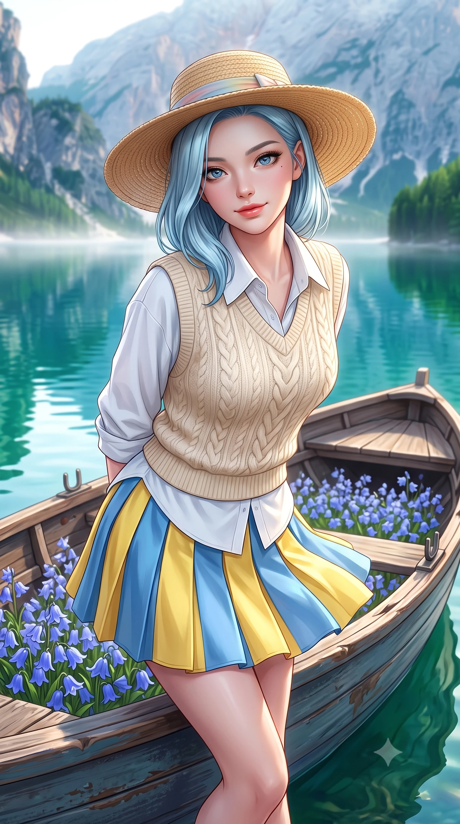 score_9, masterpiece, best quality, ultra-detailed, high-budget anime keyframe, semi-realistic 3D game render, editorial fashion photography, tasteful artistic composition, Korean woman. close-up cowboy shot from the waist and thighs up, the character dominates the composition, filling the frame with her large presence. clasping her hands behind her back and leaning forward playfully with a sweet, innocent girlhood expression while leaning gently against a vintage wooden rowboat filled with bluebells, casting a warm and charming gaze into the lens. The surrounding environment is rendered in vivid detail and crisp panoramic clarity. vivid high-contrast aquatic reflections and pristine mountain lake wilderness rendered with environmental sharpness. She has an exceptionally elegant, slender, and willowy female figure with an ultra-slim waist, a gracefully sculpted slender torso, toned flat midriff, and a refined slim silhouette. sharp v-shaped jawline, high-bridge nose, intricate jewel-like eyes with depth, thick eyelashes, glossy lips with a natural sheen, pure and lovely fresh girlhood expression, flawlessly proportioned anatomical accuracy, strict slender model proportions, natural body alignment, perfectly sculpted long slender limbs, ultra-slim waistline, clean dynamic posture without body distortion. wearing a cozy cable-knit sweater vest layered over an oversized crisp white shirt and a pleated tennis skirt in sunny daffodil yellow and french blue, crafted from smooth fluid silk satin with a natural gentle sheen, paired with a wide-brim woven straw hat tied with a pastel ribbon, the breezy lightweight fabric fluttering softly against her delicate collarbones, narrow waist, and feminine curves. illuminated by soft morning mist backlighting and emerald water ambient bounce. highly saturated vibrant anime colors, detailed shading with soft gradients, rich glossy textures, high-contrast stereoscopic depth, volumetric dynamic lighting, master piece, 9:16 ratio