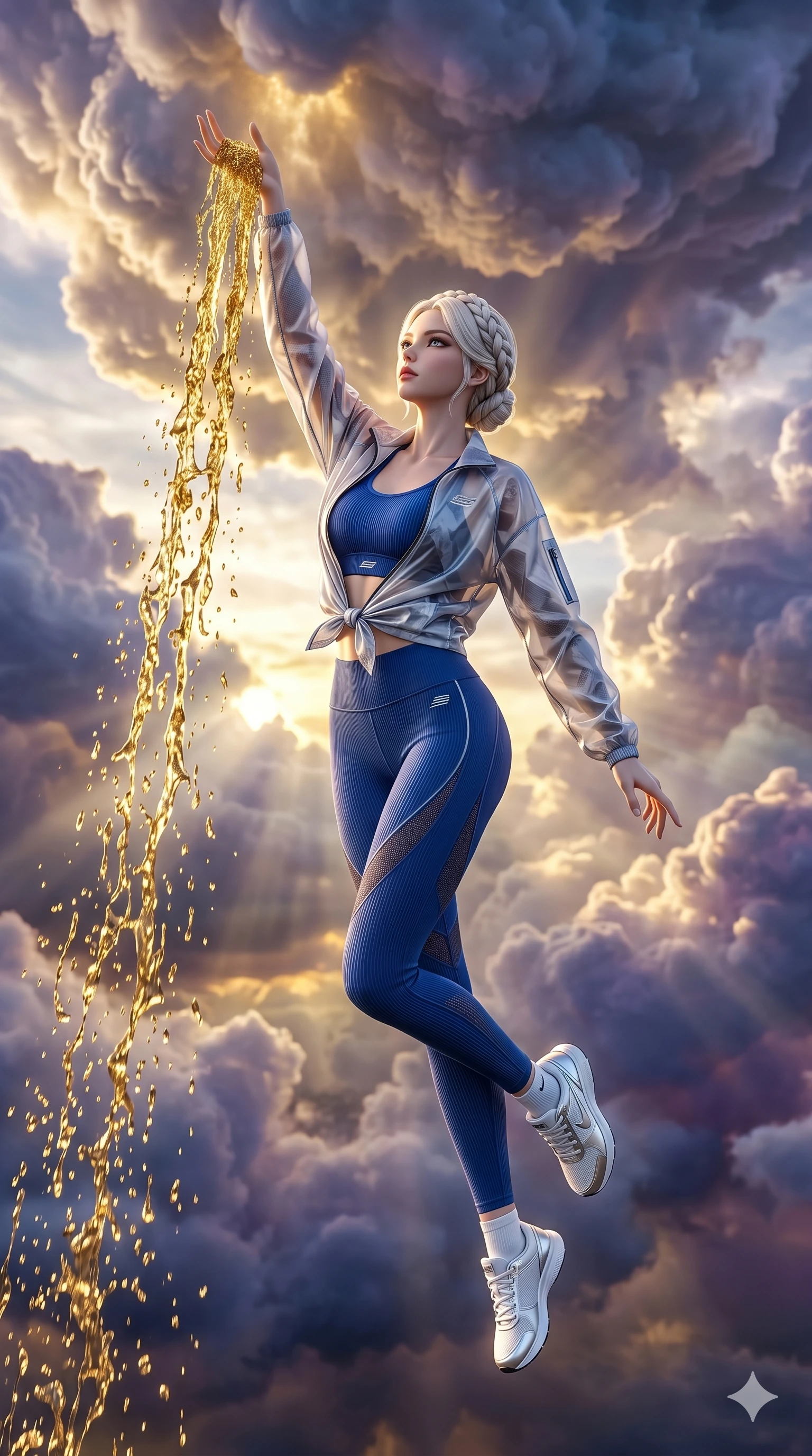 score_9, masterpiece, best quality, ultra-detailed, photorealistic 8k CG, hyper-detailed textures, ray-tracing, Korean woman. Mid-air action shot capturing a graceful twist and vertical silhouette. commanding a rain of liquid gold to fall from the clouds. She has an absolutely perfect 8-heads proportion, an exceptionally tall and slender female figure with an ultra-slim waist and impossibly long slender legs. strictly human anatomy, two legs only, no extra limbs, clearly defined legs and arms, perfect anatomy, perfect hands and fingers. sharp v-shaped jawline, high-bridge nose, intricate jewel-like eyes, thick eyelashes, glossy lips. Wearing Premium Athleisure: Ribbed sports bra and leggings set, sheer windbreaker, and sleek high-performance activewear. The scene is illuminated by dramatic atmospheric lighting and vibrant color palettes. , 2k, ultra detail, master piece, 9:16 ratio