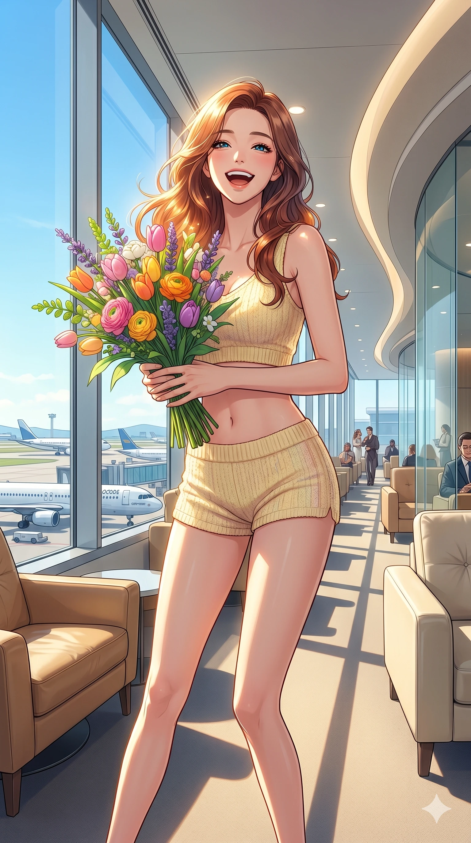 score_9, masterpiece, best quality, ultra-detailed, high-budget anime keyframe, vibrant anime aesthetic, Korean woman. cowboy shot from the thighs up, character and outfit filling the frame for maximum presence. She is posing with a cheerful laugh while holding a colorful spring bouquet inside a premium airport lounge with runway views (Code-P20-089). She has an absolutely perfect 8-heads proportion, an exceptionally tall and slender female figure with impossibly long slender legs and an ultra-slim waist. V-shaped jawline, high-bridge nose, intricate jewel-like eyes with depth, thick eyelashes, glossy lips with a natural sheen. wearing a crop top showing her bare midriff and micro-shorts in knit. She is drenched in brilliant midday sunbeams, casting a radiant halo around her hair. 2k, ultra detail, master piece, 9:16 ratio