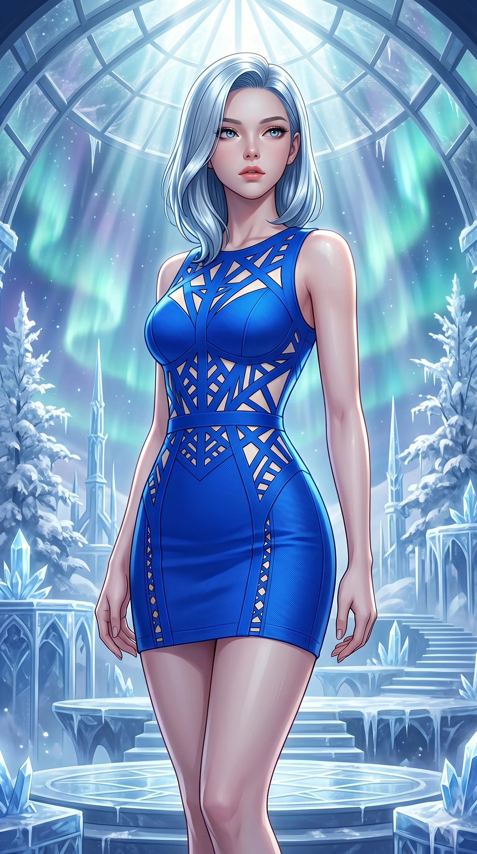 score_9, masterpiece, best quality, ultra-detailed, high-budget anime keyframe, editorial fashion photography, tasteful artistic composition, Korean woman. cowboy shot from the thighs up, character and outfit filling the frame for maximum editorial presence. Gazing past the camera with an air of effortless superiority within a dreamlike floating winter kingdom with frozen crystal trees and aurora skies. She has an absolutely perfect 8-heads proportion, an exceptionally tall and slender female figure with impossibly long slender legs and an ultra-slim waist. V-shaped jawline, high-bridge nose, intricate jewel-like eyes with depth, thick eyelashes, glossy lips with a natural sheen. wearing a vivid electric cobalt structured fitted mini dress with intricate laser-cut geometric patterns at the torso and waist artistic glimpses of the underlining in contrasting ivory. drenched in cinematic god-ray sunlight descending from a vaulted glass ceiling, illuminating her form. 2k, ultra detail, master piece, 9:16 ratio