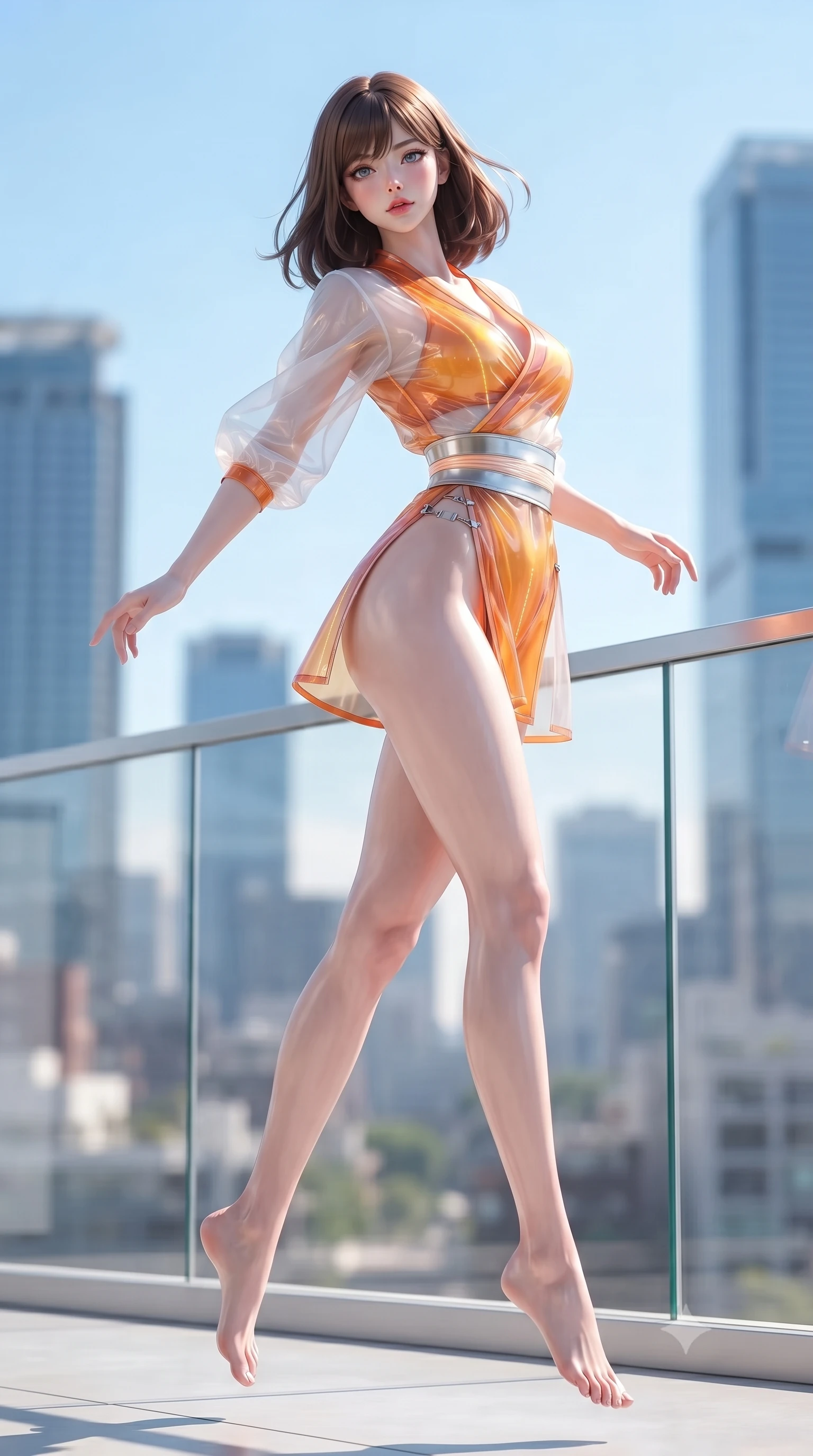 score_9, masterpiece, best quality, ultra-detailed, high-budget anime keyframe, editorial fashion photography, tasteful artistic composition, Korean woman. low angle full-body shot from head to toe showing her feet, filling the entire 9:16 vertical frame with her statuesque presence, stretching her vertical silhouette. leaping through mid-air with an athletic yet alluring arch of her spine, her impossibly long slender legs stretched in flawless poise while pivoting dynamically near a sleek glass balcony railing overlooking a radiant sunlit metropolis skyline. The composition keeps background elements in soft focus with creamy bokeh. sunlit skyscraper towers and clear blue skies blurred into bright, clean high-key urban bokeh. She has an absolutely perfect, statuesque 8.5-heads proportion, an exceptionally tall and slender model-like female figure with impossibly long slender legs, a toned flat midriff, and an ultra-slim waist. sharp v-shaped jawline, high-bridge nose, intricate jewel-like eyes with depth, thick eyelashes, glossy lips with a natural sheen, flawlessly proportioned anatomical accuracy, strict slender model proportions, natural body alignment, perfectly sculpted long slender limbs, ultra-slim waistline, clean dynamic posture without body distortion. wearing a shortened cyber-fusion wrap top with transparent chiffon panels, a deep crossover neckline, and a high-waisted metallic sash that accentuates her ultra-slim waist in vivid sunset amber orange and cloud white, tailored from semi-translucent cybernetic vinyl with glowing micro-filaments, finished with an ultra-high side slit secured by miniature magnetic clasps, the precision-cut daring openings accentuating her delicate midriff, graceful bare collarbones, and ultra-slim feminine waistline. illuminated by crisp white studio key light with specular chrome and marble reflections. ultra-reflective glossy finish, specular highlights, metallic sheen, high-contrast stereoscopic depth, volumetric dynamic lighting, 2k, ultra detail, master piece, 9:16 ratio