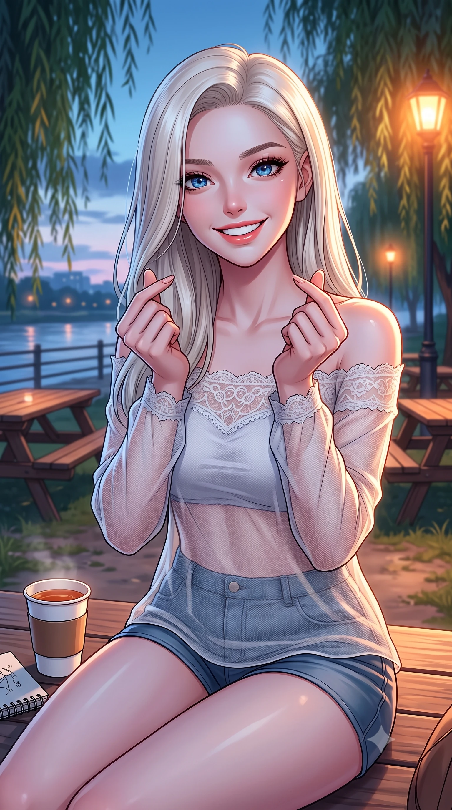 score_9, masterpiece, best quality, ultra-detailed, high-budget anime keyframe, editorial fashion photography, tasteful artistic composition, Caucasian woman. close-up cowboy shot from the waist and thighs up, the character dominates the composition, filling the frame with her large presence, background elements kept in soft focus. flashing a bright, sunny grin, holding her fingers in a cute small heart shape set against a soft-focus background of at a riverside picnic area with wooden tables under weeping willow trees with a paper cup of warm tea and a small sketchbook on her lap. She has an exceptionally elegant, slender, and willowy female figure with an ultra-slim waist, a gracefully sculpted slender torso, and a refined silhouette. sharp v-shaped jawline, high-bridge nose, intricate jewel-like eyes with depth, thick eyelashes, glossy lips with a natural sheen. wearing form-contouring delicate lace-trim off-shoulder blouse paired with a sheer mesh overlay and form-contouring mini shorts. cool twilight sky glow contrasting with the warm orange light of streetlamps. highly saturated vibrant anime colors, detailed shading with soft gradients, rich glossy textures, high-contrast stereoscopic depth, volumetric dynamic lighting, master piece, 9:16 ratio