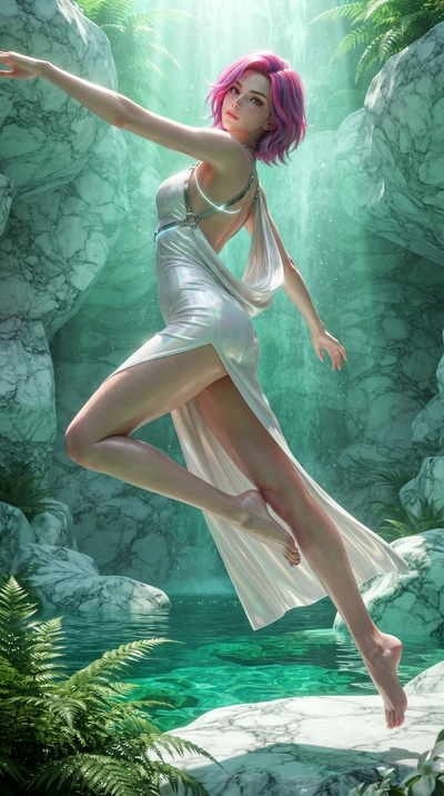 score_9, masterpiece, best quality, ultra-detailed, high-budget anime keyframe, editorial fashion photography, tasteful artistic composition, Caucasian woman. low angle full-body shot from head to toe showing her feet, filling the entire 9:16 vertica