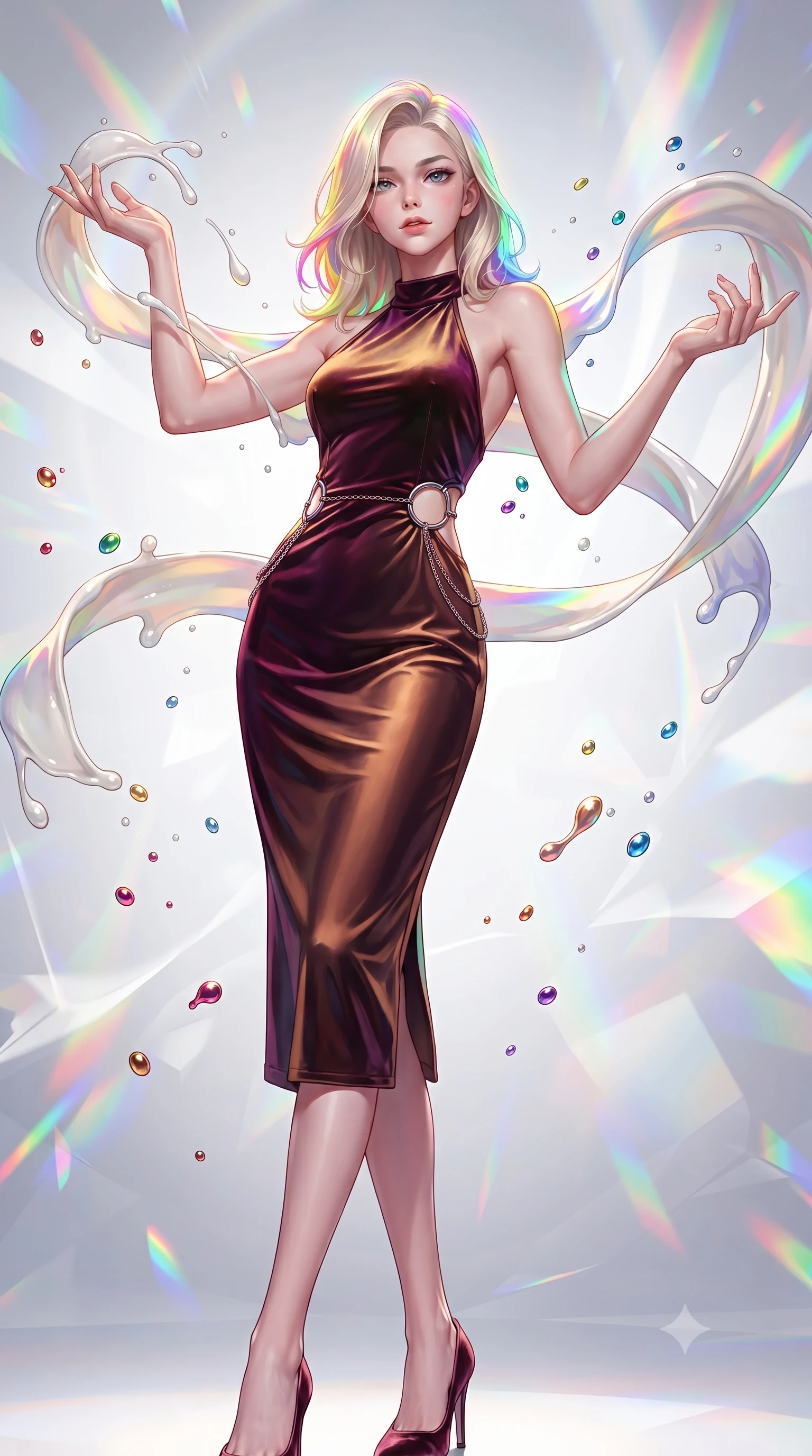 score_9, masterpiece, best quality, ultra-detailed, high-budget anime keyframe, editorial fashion photography, tasteful artistic composition, Caucasian woman. low angle full-body shot from head to toe showing her feet, filling the entire 9:16 vertical frame with her statuesque presence, stretching her vertical silhouette. interacting gracefully with the magical floating elements while maintaining a confident posture guiding viscous opal paint ribbons hovering gracefully in mid-air, vibrant paint droplets frozen in time casting specular highlights. She has an absolutely perfect, statuesque 8.5-heads proportion, an exceptionally tall and slender model-like female figure with impossibly long slender legs and an ultra-slim waist. sharp v-shaped jawline, high-bridge nose, intricate jewel-like eyes with depth, thick eyelashes, glossy lips with a natural sheen. wearing a velvet halter-neck midi dress following her form like a glove in deep burgundy and bronze, crafted from lustrous satin jersey with fluid draping, accented with delicate chrome ring hardware framing her waist, the form-contouring material highlighting her ultra-slim waist and long lines. drenched in bright white key light with colorful prismatic rim lighting. highly saturated vibrant anime colors, detailed shading with soft gradients, rich glossy textures, high-contrast stereoscopic depth, volumetric dynamic lighting, master piece, 9:16 ratio
