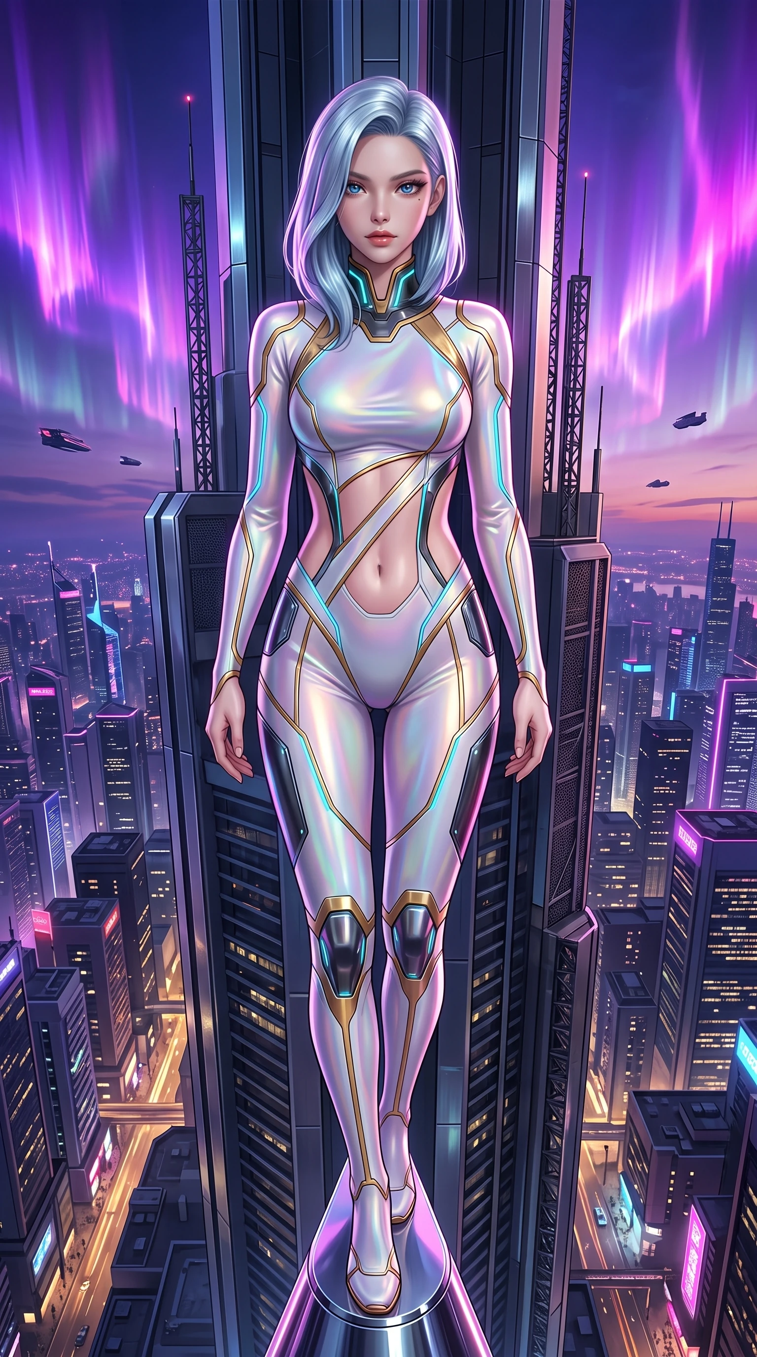 score_9, masterpiece, best quality, ultra-detailed, high-budget anime keyframe, semi-realistic 3D game render, editorial fashion photography, tasteful artistic composition, Korean woman. close-up cowboy shot from the waist and thighs up, the character dominates the composition, filling the frame with her large presence. gazing forward with divine sovereign poise, captivating jewel-like eyes shining with transcendent luminescence and alluring grace while standing with statuesque majesty on the extreme chrome spire tip of a 200-story skyscraper above a neon metropolis. The surrounding environment is rendered in vivid detail and crisp panoramic clarity. sharp plasma aurora curtain ripples, flying vehicle silhouettes, and textured metal gantry in high resolution. She has an exceptionally elegant, slender, and willowy female figure with an ultra-slim waist, a gracefully sculpted slender torso, toned flat midriff, and a refined slim silhouette. sharp v-shaped jawline, high-bridge nose, intricate jewel-like eyes with depth, thick eyelashes, glossy lips with a natural sheen, flawlessly proportioned anatomical accuracy, strict slender model proportions, natural body alignment, perfectly sculpted long slender limbs, ultra-slim waistline, clean dynamic posture without body distortion. wearing a second-skin white-and-gold high-fashion tech-bodysuit with diagonal midriff cutouts and glowing cyan fiber seams in vibrant electric magenta and ultra-reflective dark titanium, made of smooth flowing silk chiffon that shifts colors with movement, featuring a sleek aerodynamic collar framed by subtle glowing cybernetic accents, the sleek second-skin cut tightly hugging her graceful clavicle, narrow waist, and feminine curves with athletic precision. bathed in vivid violet and electric magenta plasma aurora backlighting with golden city ground bounce. rich saturated anime colors with glowing neon highlights, detailed shading with soft gradients, rich glossy textures, high-contrast stereoscopic depth, volumetric dynamic lighting, master piece, 9:16 ratio