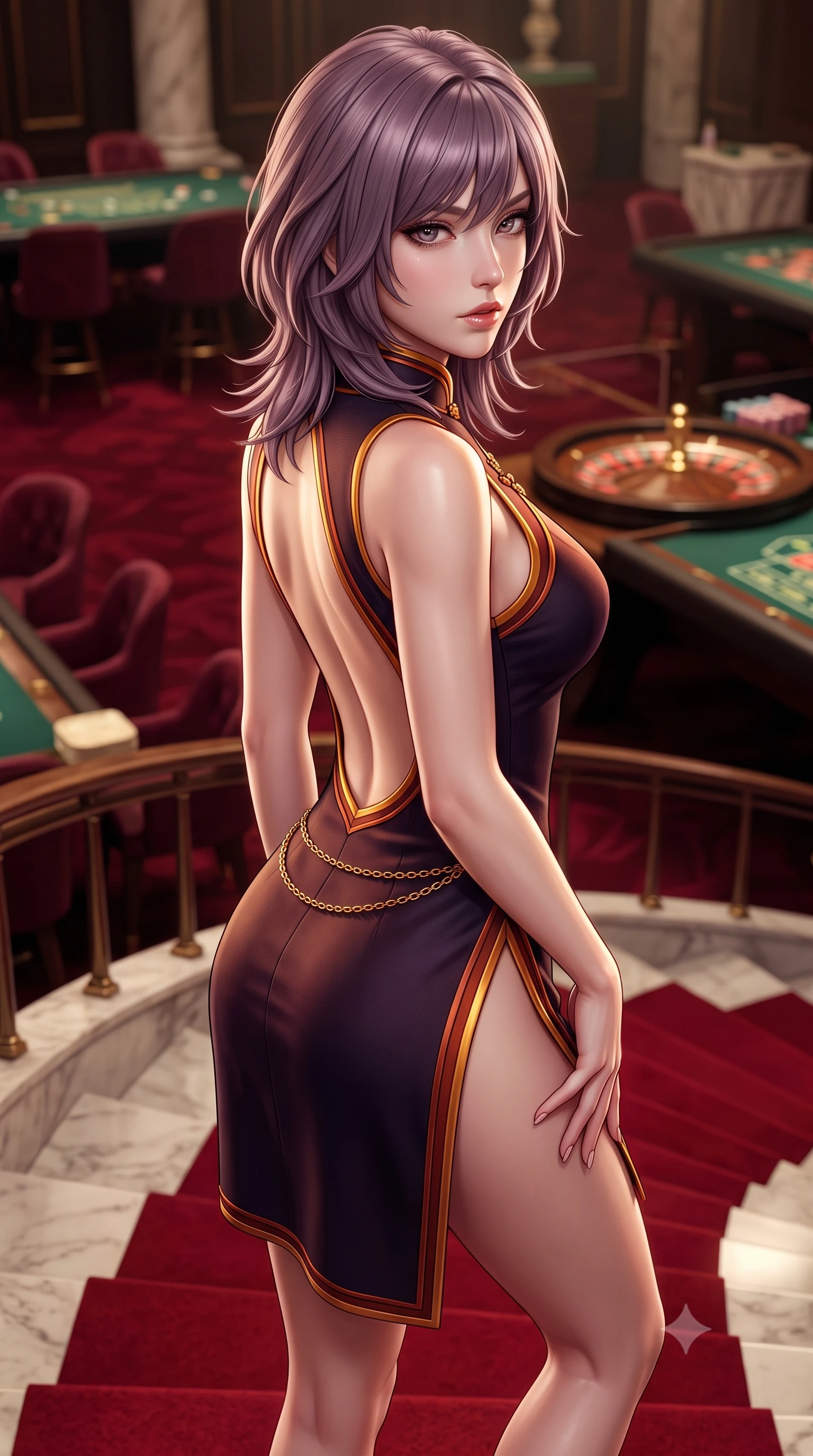 score_9, masterpiece, best quality, ultra-detailed, high-budget anime keyframe, semi-realistic 3D game render, editorial fashion photography, tasteful artistic composition, Japanese woman. close-up cowboy shot from the waist and thighs up, the character dominates the composition, filling the frame with her large presence. resting one manicured hand delicately on her hip bone, her upper body turning in a fluid, seductive S-curve while parted lips glisten in the light while descending the sweeping crimson-carpeted marble staircase with sovereign supermodel poise, hips swaying in an alluring rhythm that accentuates her curvy silhouette. The composition keeps background elements in soft focus with creamy bokeh. distant velvet gaming tables and roulette wheels softened in glamorous high-roller shallow focus. She has an exceptionally elegant, slender, and willowy female figure with an ultra-slim waist, flat toned midriff, narrow ribcage, and sculpted feminine hips creating an alluring, slim hourglass silhouette without bulk. sharp v-shaped jawline, high-bridge nose, intricate jewel-like eyes with depth, thick eyelashes, glossy parted lips with a natural sheen, intensely captivating and seductive bedroom-eyes expression, flawlessly proportioned anatomical accuracy, strict slender model proportions, natural body alignment, perfectly sculpted long slender limbs, ultra-slim waistline, clean dynamic posture without body distortion. wearing a modernized cyber-qipao mini dress with an ultra-high side slit ascending to the hip and glowing piping in molten desert gold and burnt terracotta, tailored from water-resistant treated wool gabardine and flexible stretch silk, accented with a delicate gold chain belt resting loosely on her curvy hips, the dramatically scooped open back descending to the base of her spine, accentuating her razor-sharp statuesque lines and slim hourglass silhouette. illuminated by crisp directional spotlights sharply defining her sculpted collarbones, ultra-slim waist, and curvy hips. highly saturated vibrant anime colors, detailed shading with soft gradients, rich glossy textures, high-contrast stereoscopic depth, volumetric dynamic lighting, master piece, 9:16 ratio