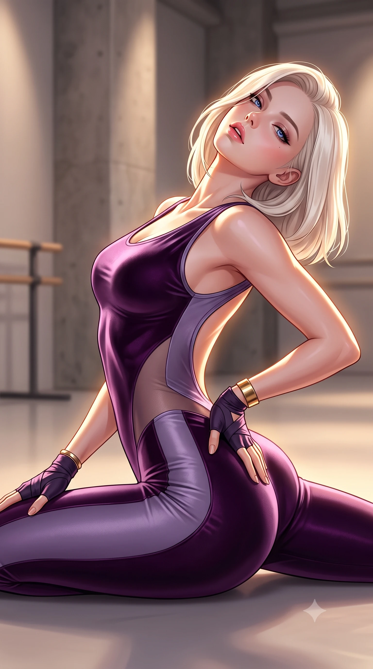 score_9, masterpiece, best quality, ultra-detailed, high-budget anime keyframe, semi-realistic 3D game render, editorial fashion photography, tasteful artistic composition, Caucasian woman. close-up cowboy shot from the waist and thighs up, the character dominates the composition, filling the frame with her large presence. arching her spine backward with effortless dancer poise, one hand sliding along her hip line as directional light carves specular highlights along her silhouette while reclining on the dance studio floor propped up on one hip, head tilted back in ecstasy with parted lips as warm spotlights trace her silhouette. The composition keeps background elements in soft focus with creamy bokeh. minimalist architectural concrete pillars and barre stands softened in clean artistic depth. She has an exceptionally elegant, slender, and willowy female figure with an ultra-slim waist, a gracefully sculpted slender torso, toned flat midriff, and rounded feminine hips creating an alluring hourglass silhouette. sharp v-shaped jawline, high-bridge nose, intricate jewel-like eyes with depth, thick eyelashes, glossy parted lips with a natural sheen, intensely captivating and seductive bedroom-eyes expression, flawlessly proportioned anatomical accuracy, strict slender model proportions, natural body alignment, perfectly sculpted long slender limbs, ultra-slim waistline, clean dynamic posture without body distortion. wearing a second-skin compression ballet catsuit with an open back and sheer mesh side waist contouring in deep plum violet and dusky lavender, made of flexible stretch velvet with rich specular luster, accessorized with fingerless athletic wrap gloves and minimalist gold cuffs, the precision-cut side openings and low-back scoop framing her graceful spine and the sensual sweep of her hips. illuminated by crisp specular rim lights accentuating her narrow waist, curved hips, and long legs. highly saturated vibrant anime colors, detailed shading with soft gradients, rich glossy textures, high-contrast stereoscopic depth, volumetric dynamic lighting, master piece, 9:16 ratio
