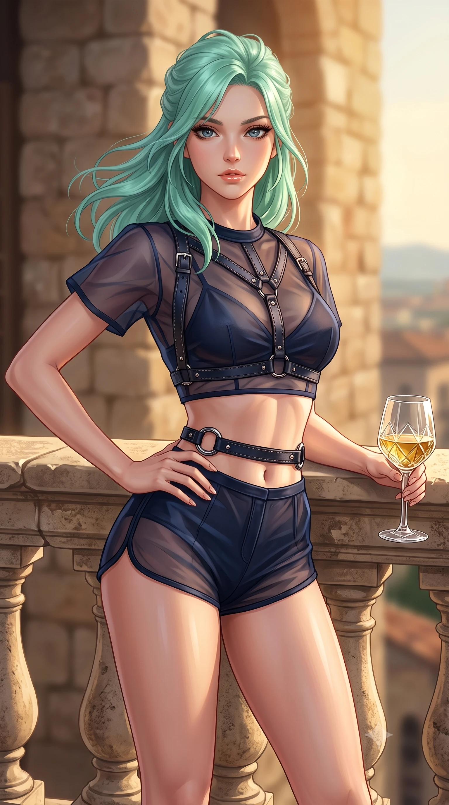 score_9, masterpiece, best quality, ultra-detailed, high-budget anime keyframe, editorial fashion photography, tasteful artistic composition, Japanese woman. close-up cowboy shot from the waist and thighs up, the character dominates the composition, filling the frame with her large presence, background elements kept in soft focus. Holding a confident power pose with one hand on her hip, resting against a stone balustrade holding a crystal glass of golden wine, form-contouring silk gown accentuating her slender torso and long legs. She has an exceptionally elegant, slender, and willowy female figure with an ultra-slim waist, a gracefully sculpted slender torso, and a refined silhouette. sharp v-shaped jawline, high-bridge nose, intricate jewel-like eyes with depth, thick eyelashes, glossy lips with a natural sheen. wearing high-cut micro-shorts and crop top set with dark leather harness in midnight navy blue, made of sheer dark organza overlay, accented with sculpted obsidian chrome rings at the waist, accentuating her gracefully sculpted slender torso. illuminated by rich amber daylight and warm fill light from stone walls. highly saturated vibrant anime colors, detailed shading with soft gradients, rich glossy textures, high-contrast stereoscopic depth, volumetric dynamic lighting, master piece, 9:16 ratio
