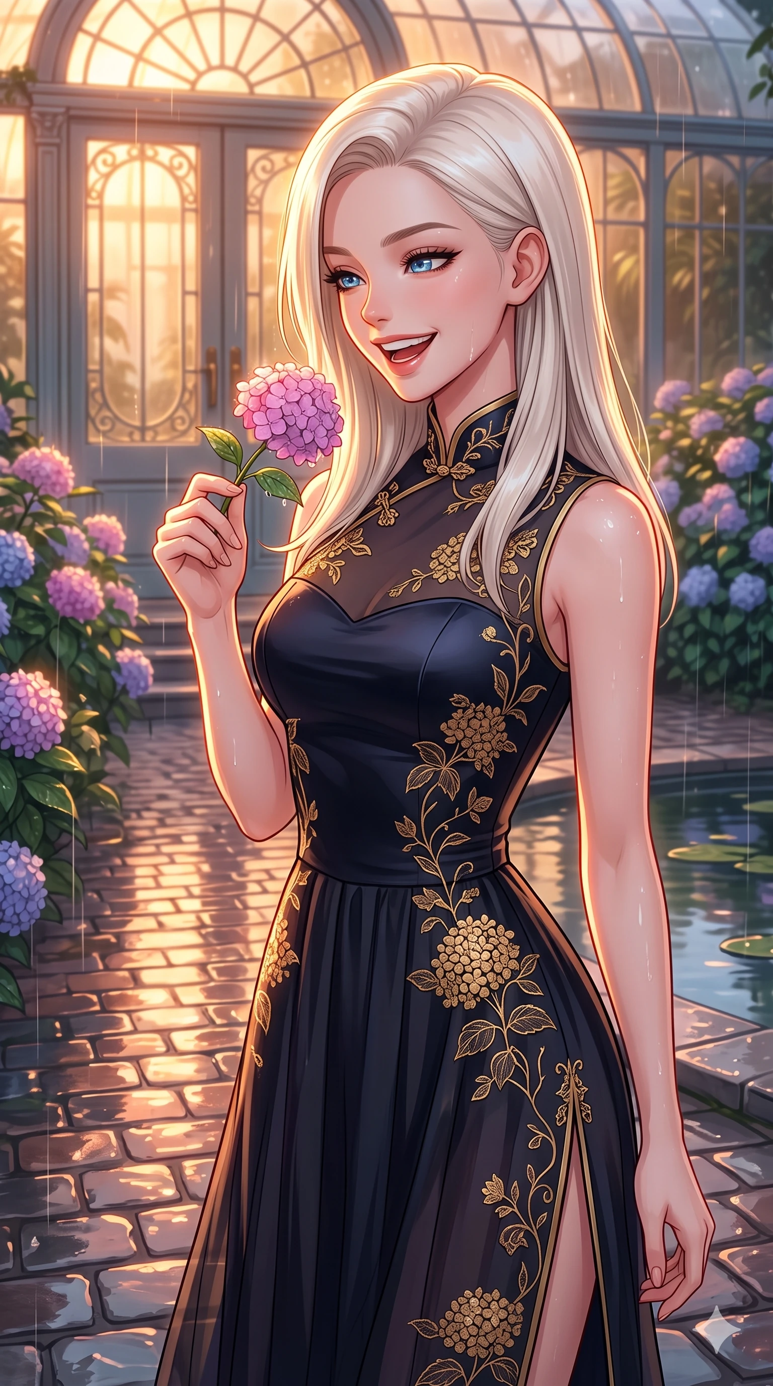 score_9, masterpiece, best quality, ultra-detailed, high-budget anime keyframe, vibrant anime aesthetic, Caucasian woman, strictly human ears. close-up cowboy shot from the waist and thighs up, the character dominates the composition, filling the frame with her large presence, background elements kept in soft focus. She is laughing happily while looking down at a blooming rain-drenched flower, her eyes glowing with lively energy with a captivating and confident presence. the background shows a soft-focus botanical conservatory entrance with large glass double doors, surrounded by rain-drenched hydrangeas (Code-P22-174). She has an absolutely perfect proportion, an exceptionally elegant and slender female figure with an ultra-slim waist. V-shaped jawline, high-bridge nose, intricate jewel-like eyes with depth, thick eyelashes, glossy lips with a natural sheen. wearing a delicate chiffon dress featuring a structured satin bodice and refined side vent in midnight black with gold embroidery. She is bathed in glowing sunset light reflecting off wet cobblestones, creating a warm, inviting, and atmospheric glow by the quiet garden pond. 2k, ultra detail, master piece, 9:16 ratio