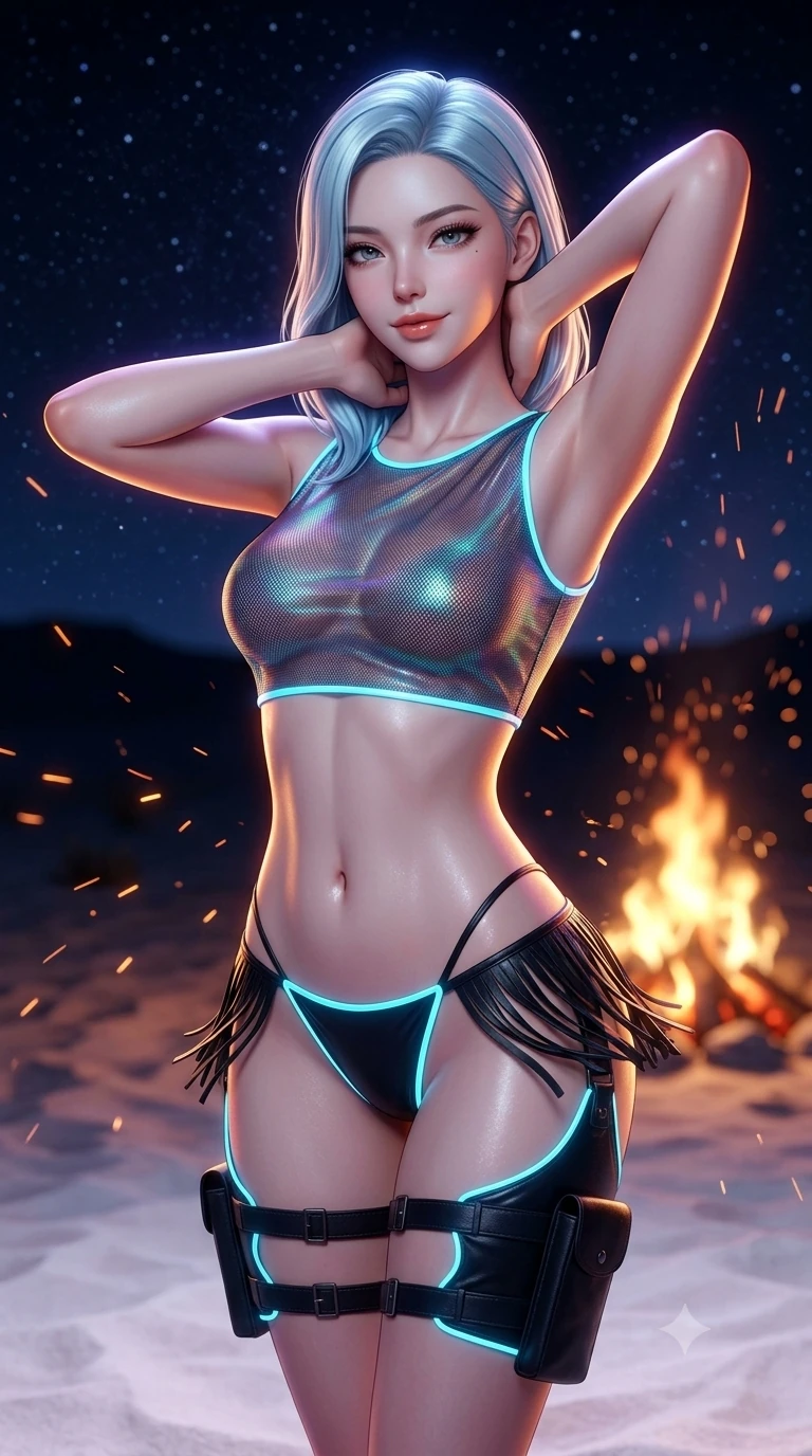score_9, masterpiece, best quality, ultra-detailed, high-budget anime keyframe, semi-realistic 3D game render, editorial fashion photography, tasteful artistic composition, Korean woman. close-up cowboy shot from the waist and thighs up, the character dominates the composition, filling the frame with her large presence. resting both hands lightly behind her neck with elbows raised, arching her spine to highlight her narrow waist, flat midriff, and breathtaking collarbones while twisting her slender torso in an alluring S-curve, dancing fire sparks and cosmic starlight tracing her narrow waist and curvy hips. The background shows a soft-focus desert starlight celestial atmosphere softened in midnight bonfire shallow focus. She has an exceptionally elegant, slender, and willowy female figure with an ultra-slim waist, flat toned midriff, narrow ribcage, and sculpted feminine hips creating an alluring, slim hourglass silhouette without bulk. sharp v-shaped jawline, high-bridge nose, sparkling eyes with hypnotic seductive depth, thick curled eyelashes, glossy parted lips with a natural dewy peach sheen, alluring bedroom-eyes with an enchanting coquettish smile, exuding magnetic siren charisma and sophisticated glamour, flawlessly proportioned anatomical accuracy, strict slender model proportions, natural body alignment, perfectly sculpted long slender limbs, ultra-slim waistline, clean dynamic posture without body distortion. wearing a translucent iridescent mesh swim crop top paired with high-cut string bikini bottoms and leather thigh holsters in midnight obsidian black and neon cyan piping, crafted from translucent iridescent mesh with a wet-look second-skin cling, finished with a delicate leather fringe trim fluttering along her hip line with kinetic charm, the form-contouring cut accentuating her sculpted flat midriff, narrow delicate ribcage, and gracefully curvy hips with intoxicating allure. illuminated by white sand ground bounce and sharp amber-violet rim lights defining her razor-sharp jawline, narrow waist, and curvy hips. highly saturated vibrant anime colors, detailed shading with soft gradients, rich glossy textures, high-contrast stereoscopic depth, volumetric dynamic lighting, master piece, 9:16 ratio