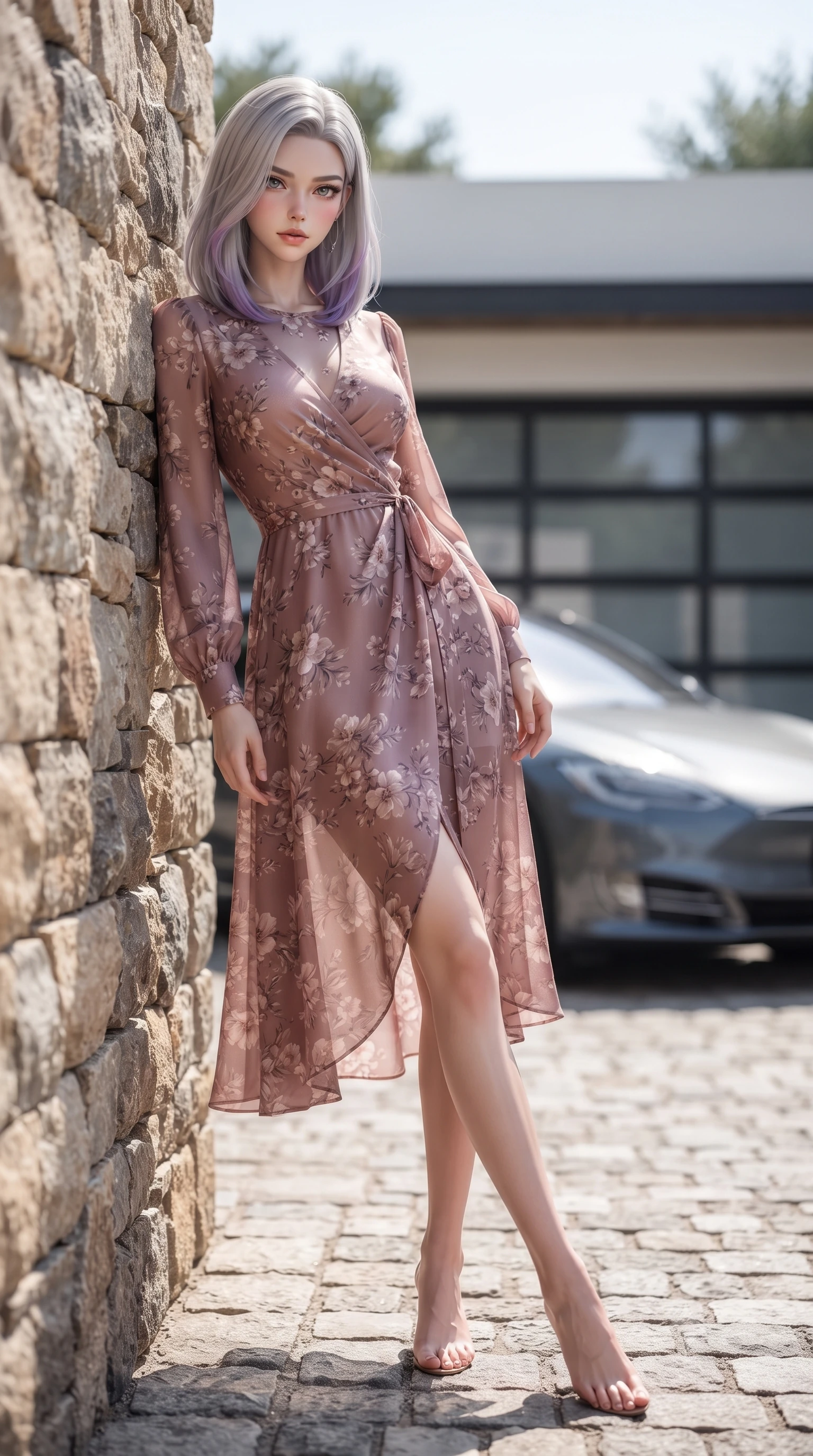 score_9, masterpiece, best quality, ultra-detailed, high-budget anime keyframe, editorial fashion photography, tasteful artistic composition, Caucasian woman. low angle full-body shot from head to toe showing her feet, filling the entire 9:16 vertical frame with her statuesque presence, stretching her vertical silhouette. leaning back against a rustic stone wall, casting a slow, alluring gaze at the camera the background shows a soft-focus a modern villa driveway with a sleek electric car and glass garage doors. She has an absolutely perfect, statuesque 8.5-heads proportion, an exceptionally tall and slender model-like female figure with impossibly long slender legs and an ultra-slim waist. sharp v-shaped jawline, high-bridge nose, intricate jewel-like eyes with depth, thick eyelashes, glossy lips with a natural sheen. wearing a form-contouring flowy floral-patterned wrap dress in dusty rose chiffon with long sleeves and a modest crew neck. bright morning sun rays creating fresh and energetic shadows. ultra-reflective glossy finish, specular highlights, metallic sheen, high-contrast stereoscopic depth, volumetric dynamic lighting, 2k, ultra detail, master piece, 9:16 ratio