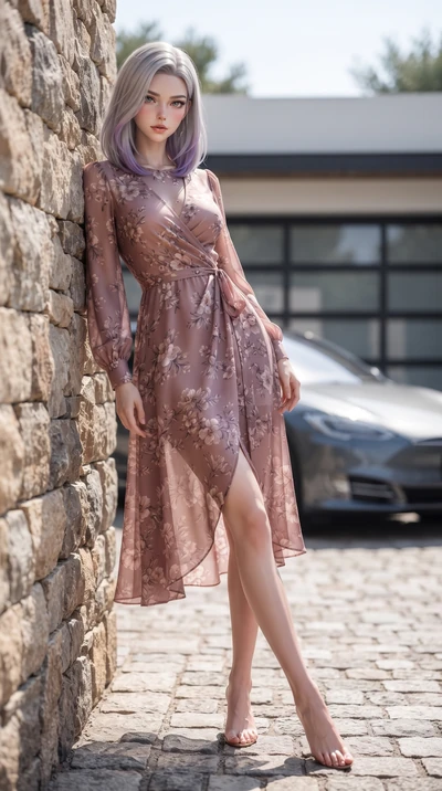 score_9, masterpiece, best quality, ultra-detailed, high-budget anime keyframe, editorial fashion photography, tasteful artistic composition, Caucasian woman. low angle full-body shot from head to toe showing her feet, filling the entire 9:16 vertica