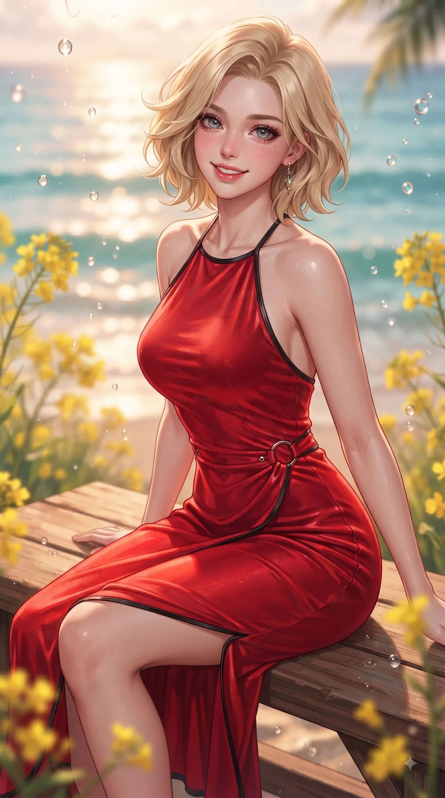 score_9, masterpiece, best quality, ultra-detailed, high-budget anime keyframe, editorial fashion photography, tasteful artistic composition, Caucasian woman. close-up cowboy shot from the waist and thighs up, the character dominates the composition, filling the frame with her large presence. Youthful bright smile exuding pure cute charm and fresh energy, her torso turning dynamically into the lens while sitting playfully on a wooden bench framed by yellow canola flowers with a radiant smile. The composition keeps background elements in soft focus with dreamy bokeh. warm tropical ocean light reflecting off water droplets blurred into a soft backdrop. She has an exceptionally elegant, slender, and willowy female figure with an ultra-slim waist, a gracefully sculpted slender torso, and a refined silhouette. sharp v-shaped jawline, high-bridge nose, intricate jewel-like eyes with depth, thick eyelashes, glossy lips with a natural sheen, flawlessly proportioned anatomical accuracy, natural body alignment, perfectly sculpted elegant limbs, clean dynamic posture without body distortion. wearing a velvet halter-neck midi dress fitting her statuesque contour flawlessly in vibrant scarlet red and sleek black trim, crafted from lightweight fluid chiffon, accented with subtle metallic ring hardware framing her waist, the form-contouring material highlighting her ultra-slim waist and long lines. surrounded by a fresh, sun-drenched, and relaxing vacation atmosphere. ultra-reflective glossy finish, specular highlights, metallic sheen, high-contrast stereoscopic depth, volumetric dynamic lighting, 2k, ultra detail, master piece, 9:16 ratio