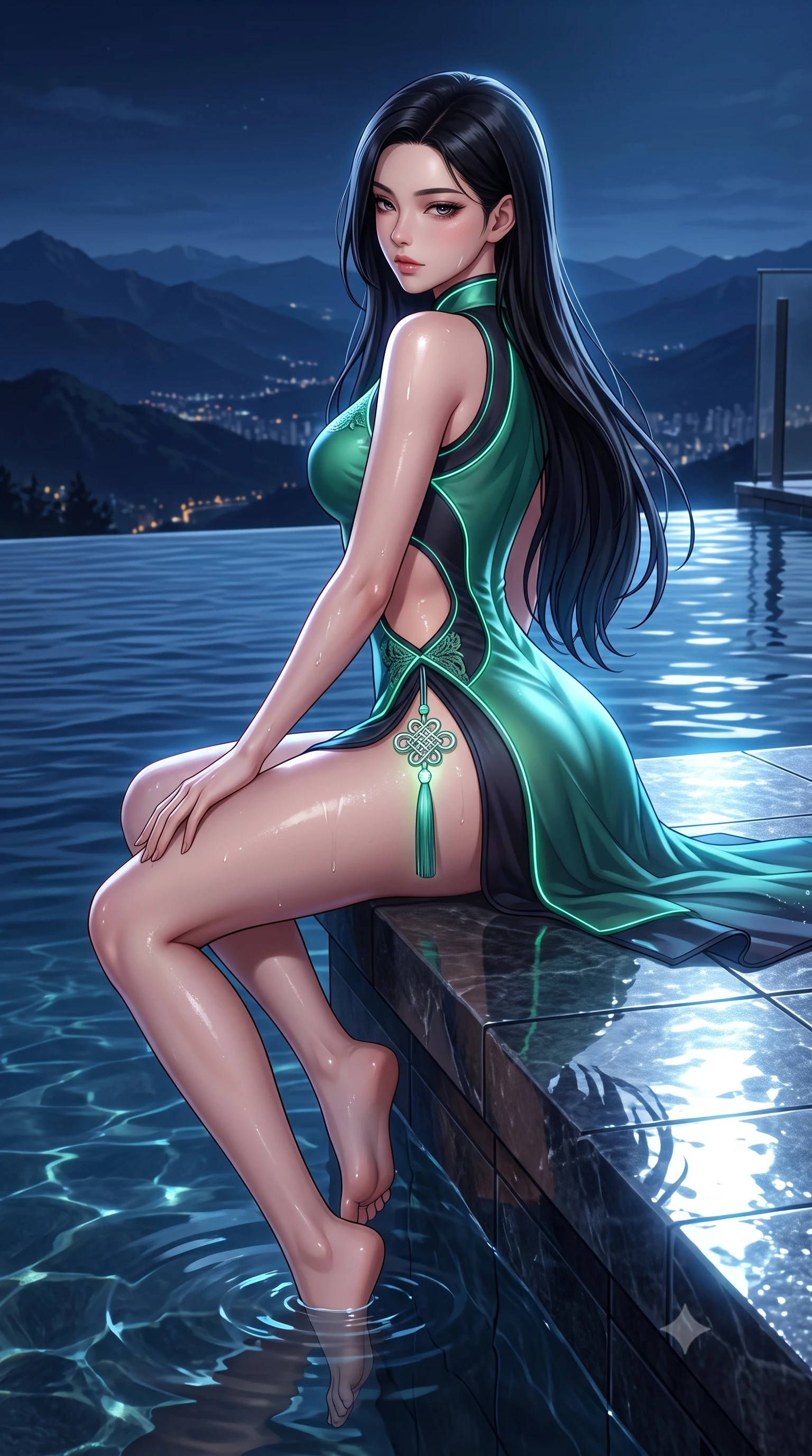 score_9, masterpiece, best quality, ultra-detailed, high-budget anime keyframe, semi-realistic 3D game render, editorial fashion photography, tasteful artistic composition, Korean woman. low angle full-body shot from head to toe showing her feet, filling the entire 9:16 vertical frame with her statuesque presence, stretching her vertical silhouette. posing with back turned slightly to the lens, glancing back with smoldering allure as she arches her lower back to emphasize her sculpted feminine hips and slender waist while sitting on the stone infinity pool edge with legs dipped in water, turning her upper body in an alluring S-curve toward the camera. The surrounding environment is rendered in vivid detail and crisp panoramic clarity. atmospheric nocturnal thermal chiaroscuro and private mountain-view skylounge luxury in precision. She has an absolutely perfect, statuesque 8.5-heads proportion, an exceptionally tall and slender model-like female figure with impossibly long slender legs, a toned flat midriff, an ultra-slim waist, and beautifully sculpted feminine hips. sharp v-shaped jawline, high-bridge nose, intricate jewel-like eyes with depth, thick eyelashes, glossy parted lips with a natural sheen, intensely captivating and seductive bedroom-eyes expression, flawlessly proportioned anatomical accuracy, strict slender model proportions, natural body alignment, perfectly sculpted long slender limbs, ultra-slim waistline, clean dynamic posture without body distortion. wearing a futuristic embroidered qipao mini dress with glowing fiber-optic seams and side cutouts in jade green and dark obsidian, tailored from crisp ceremonial cotton and multi-layered translucent chiffon, accented with a glowing metallic norigae knot charm resting against her hip, the second-skin form-contouring cut accentuating her sculpted flat midriff, narrow waistline, and dramatically curvy hips without adding bulk. illuminated by wet specular reflections accentuating her sculpted collarbones, narrow waist, and curvy hips. highly saturated vibrant anime colors, detailed shading with soft gradients, rich glossy textures, high-contrast stereoscopic depth, volumetric dynamic lighting, master piece, 9:16 ratio
