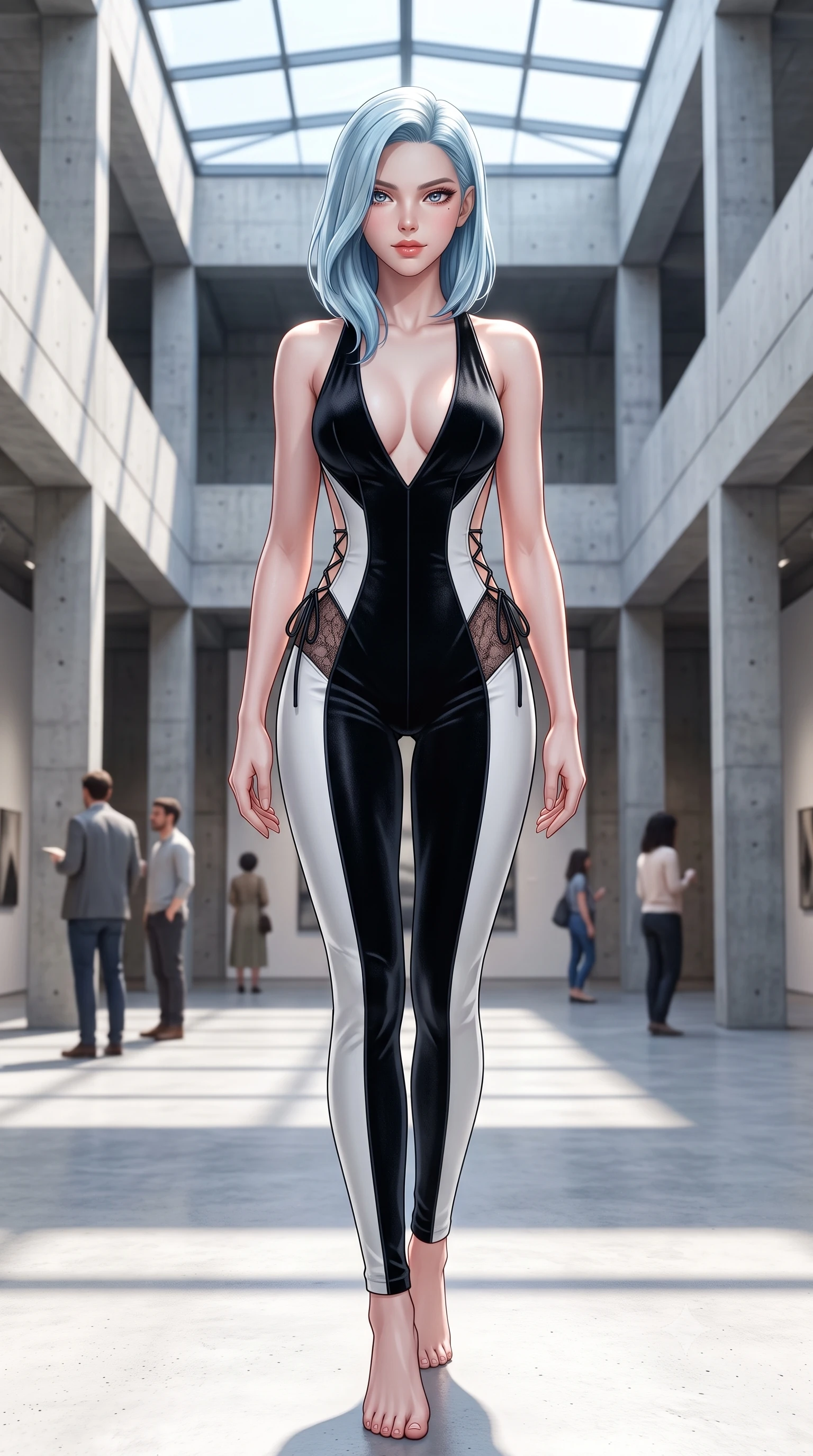 score_9, masterpiece, best quality, ultra-detailed, high-budget anime keyframe, semi-realistic 3D game render, editorial fashion photography, tasteful artistic composition, Korean woman. low angle full-body shot from head to toe showing her feet, filling the entire 9:16 vertical frame with her statuesque presence, stretching her vertical silhouette. stepping slowly toward the camera with hypnotic grace, hips swaying in an alluring sensual rhythm that accentuates her curvy hourglass silhouette and long slender legs while standing centered in the monumental exposed concrete atrium, arching her back with sculptural supermodel presence and razor-sharp gaze. The background shows a soft-focus modern art visitors softened in ultra-minimalist museum shallow focus. She has an absolutely perfect, statuesque 8.5-heads proportion, an exceptionally tall and slender model-like female figure with impossibly long slender legs, an ultra-slim waist, a flat toned midriff, narrow delicate ribcage, and beautifully sculpted feminine hips creating a graceful, slim hourglass silhouette without any bulky heaviness. sharp v-shaped jawline, high-bridge nose, sparkling eyes with hypnotic seductive depth, thick curled eyelashes, glossy parted lips with a natural dewy peach sheen, alluring bedroom-eyes with an enchanting coquettish smile, exuding magnetic siren charisma and sophisticated glamour, flawlessly proportioned anatomical accuracy, strict slender model proportions, natural body alignment, perfectly sculpted long slender limbs, ultra-slim waistline, clean dynamic posture without body distortion. wearing a backless plunge-front second-skin velvet jumpsuit with fluid tapered legs and sheer lace hip inserts in dual-tone high-contrast avant-garde monochrome, tailored from fine structural neoprene with crisp architectural edges and smooth contouring, finished with fine criss-cross lace-up side ties revealing tantalizing glimpses of her hip curve, the form-contouring silhouette accentuating her sculpted flat midriff, narrow delicate ribcage, and gracefully curvy hips with intoxicating allure. bathed in intense crisp neutral 5500K daylight flooding directly down from the overhead glass skylight. highly saturated vibrant anime colors, detailed shading with soft gradients, rich glossy textures, high-contrast stereoscopic depth, volumetric dynamic lighting, master piece, 9:16 ratio