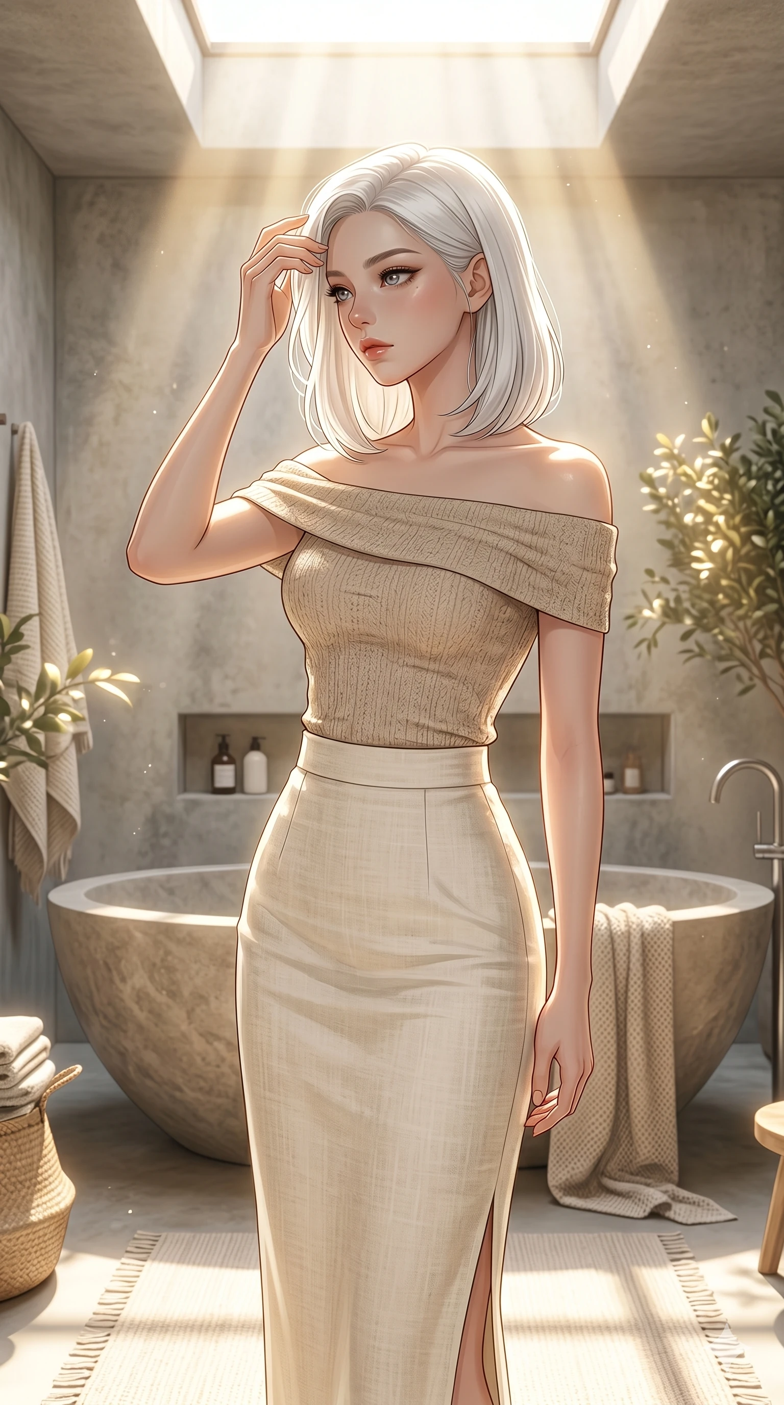 score_9, masterpiece, best quality, ultra-detailed, high-budget anime keyframe, editorial fashion photography, tasteful artistic composition, Korean woman. cowboy shot from the thighs up, character and outfit filling the frame for maximum editorial presence. wiping a lock of hair from her forehead, her expression cool and contemplative as she turns her head inside a sun-washed minimalist bathroom with a large stone tub and warm sunbeams filtering through skylight (Code-P059). She has an absolutely perfect 8-heads proportion, an exceptionally tall and slender female figure with impossibly long slender legs and an ultra-slim waist. V-shaped jawline, high-bridge nose, intricate jewel-like eyes with depth, thick eyelashes, glossy lips with a natural sheen. wearing a beige off-shoulder top showing her elegant clavicle lines, and a split linen skirt. bathed in soft morning sunbeams flowing into the room, creating a bright, glowing atmosphere. 2k, ultra detail, master piece, 9:16 ratio