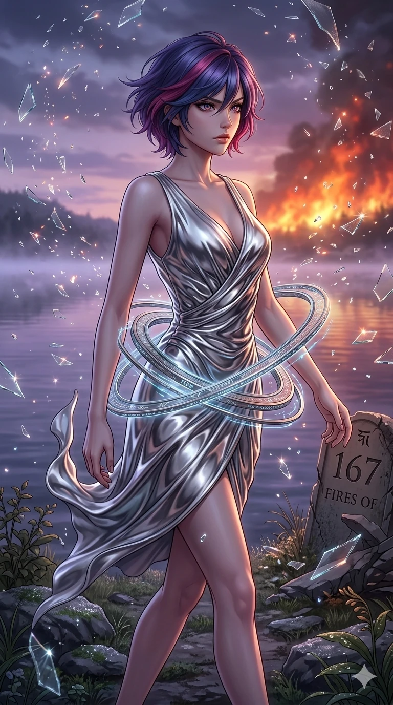 score_9, masterpiece, best quality, ultra-detailed, Set A: High-budget Anime Keyframe, Caucasian (strictly human ears) woman. Low angle cowboy shot filling the entire 9:16 frame with her statuesque presence. Sprinting through a misty lakeside at dawn, as the ground beneath her turns into 161 shards of light and surrounded by shattered glass fragments. She has an absolutely perfect 8-heads proportion, an exceptionally tall and slender female figure with impossibly long slender legs and an ultra-slim waist. Sharp v-shaped jawline, high-bridge nose, intricate jewel-like eyes with depth, thick eyelashes, glossy lips with a natural sheen. Wearing Neon-splattered white leather suit with high-cut legs and tactical harness. Cinematic lighting, vibrant colors, dramatic shadows, 2k, ultra detail, master piece, 9:16 ratio
