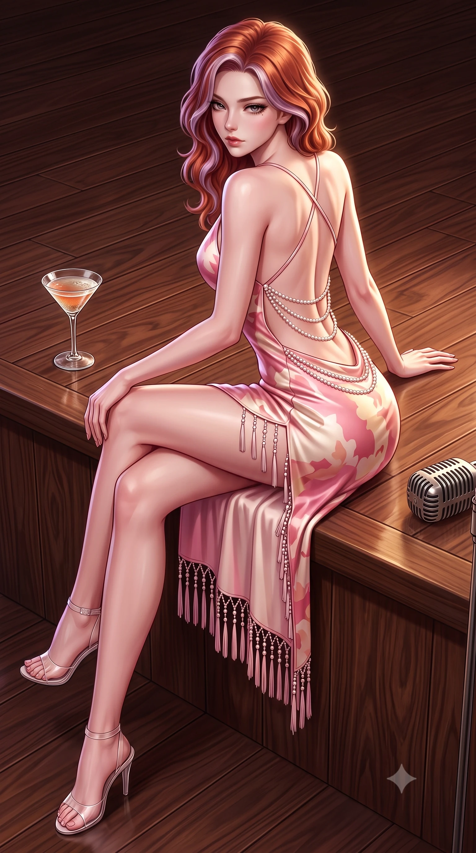 score_9, masterpiece, best quality, ultra-detailed, high-budget anime keyframe, semi-realistic 3D game render, editorial fashion photography, tasteful artistic composition, Caucasian woman. low angle full-body shot from head to toe showing her feet, filling the entire 9:16 vertical frame with her statuesque presence, stretching her vertical silhouette. sitting perched on the elevated edge with hips angled toward the camera and legs crossed, displaying her toned midriff and flawlessly sculpted slender limbs while gliding across the polished dark walnut dance floor with supermodel momentum, her dress tightly hugging her feminine curves. The surrounding environment is rendered in vivid detail and crisp panoramic clarity. detailed beaded dress fringe movement, cocktail glass condensation, and vintage microphone grill in high clarity. She has an exceptionally tall and slender model-like 8.5-heads proportion, an ultra-slim waist, a flat toned midriff, narrow delicate ribcage, and beautifully sculpted feminine hips creating a graceful, slim hourglass silhouette without any bulky heaviness, with impossibly long slender legs. sharp v-shaped jawline, high-bridge nose, intricate jewel-like eyes with depth, thick eyelashes, glossy parted lips with a natural sheen, intensely captivating and seductive bedroom-eyes expression, flawlessly proportioned anatomical accuracy, strict slender model proportions, natural body alignment, perfectly sculpted long slender limbs, ultra-slim waistline, clean dynamic posture without body distortion. wearing a backless cowl-neck satin slip dress featuring high-cut side hip slits and delicate criss-cross back straps in sakura blossom pink and warm ivory, tailored from smooth liquid silk satin adhering seamlessly to her skin, accented with a multi-strand pearl back necklace cascading down her bare spine to her hips, the glove-like aerodynamic silhouette tightly following the natural contour of her hips and long slender legs with statuesque 8.5-heads elegance. illuminated by rich specular rim lights defining her razor-sharp jawline, narrow waist, and curvy hips. highly saturated vibrant anime colors, detailed shading with soft gradients, rich glossy textures, high-contrast stereoscopic depth, volumetric dynamic lighting, master piece, 9:16 ratio