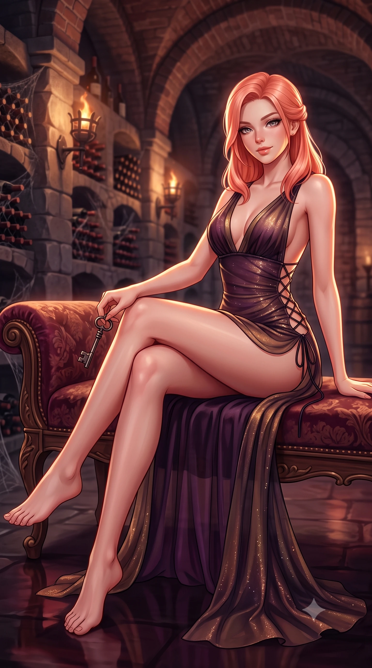 score_9, masterpiece, best quality, ultra-detailed, high-budget anime keyframe, semi-realistic 3D game render, editorial fashion photography, tasteful artistic composition, Japanese woman. low angle full-body shot from head to toe showing her feet, filling the entire 9:16 vertical frame with her statuesque presence, stretching her vertical silhouette. lounging on the lavish daybed with legs crossed and hips angled toward the camera, displaying her toned midriff and long slender limbs with effortless siren poise while perched sideways on an antique velvet bench with legs extended, holding a vintage key with dangerous coquettish cool. The background shows a soft-focus rows of cobwebbed wine bottles in stone alcoves, flickering iron wall braziers, and vaulted brick arches blurred into burgundy, bronze, and charcoal bokeh. She has an absolutely perfect, statuesque 8.5-heads proportion, an exceptionally tall and slender model-like female figure with impossibly long slender legs, an ultra-slim waist, a flat toned midriff, narrow delicate ribcage, and beautifully sculpted feminine hips creating a graceful, slim hourglass silhouette without any bulky heaviness. sharp v-shaped jawline, high-bridge nose, sparkling eyes with hypnotic seductive depth, thick curled eyelashes, glossy parted lips with a natural dewy peach sheen, alluring bedroom-eyes with an enchanting coquettish smile, exuding magnetic siren charisma and sophisticated glamour, flawlessly proportioned anatomical accuracy, strict slender model proportions, natural body alignment, perfectly sculpted long slender limbs, ultra-slim waistline, clean dynamic posture without body distortion. wearing a deep V-neck sheer gossamer chiffon vampire dress with an open-back scoop and dramatic flowing side leg slit in dark plum violet and gilded bronze with sheer obsidian overlays, woven from stretch metallic lurex jersey casting radiant starlight glints across her silhouette, finished with fine criss-cross lace-up side ties revealing tantalizing glimpses of her hip curve, the liquid-tight tailored fabric clinging flawlessly to her narrow waist and rounded feminine hips, emphasizing every millimeter of her sculpted slim hourglass curves without any bulky heaviness. illuminated by wine puddle specular bounce and sharp warm-amber rim lights sculpting her jawline, flat midriff, and voluptuous hip curves. highly saturated vibrant anime colors, detailed shading with soft gradients, rich glossy textures, high-contrast stereoscopic depth, volumetric dynamic lighting, master piece, 9:16 ratio