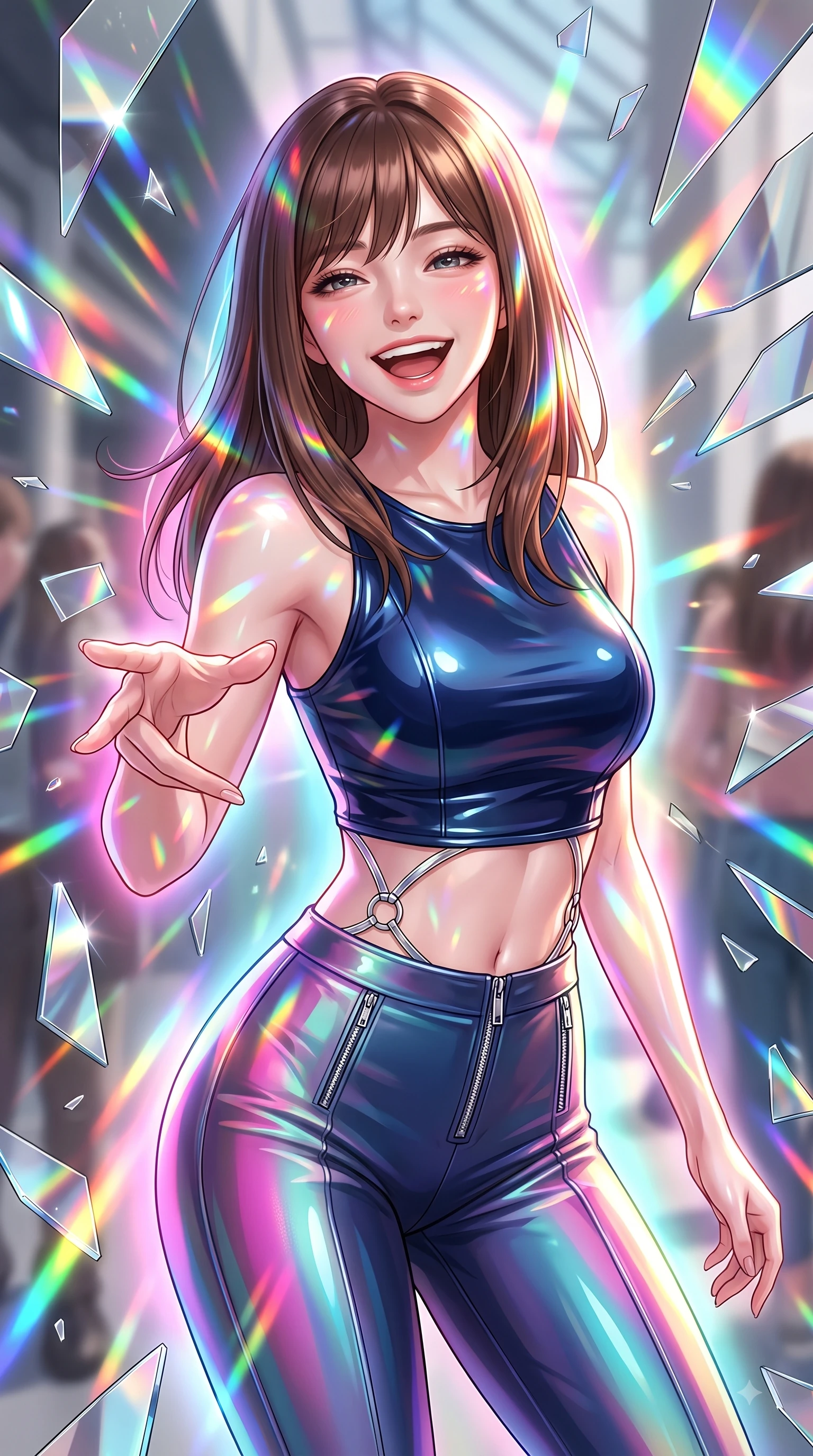 score_9, masterpiece, best quality, ultra-detailed, high-budget anime keyframe, editorial fashion photography, tasteful artistic composition, Korean woman. close-up cowboy shot from the waist and thighs up, the character dominates the composition, filling the frame with her large presence, background elements kept in soft focus. Joyful laughing expression filled with genuine happiness and warmth, leaning forward with cheerful energy while reaching her hand forward with a cheerful smile as shattered mirror prisms scatter rainbow beams, shattered mirror shards scattering brilliant rainbow reflections and happy energy everywhere. She has an exceptionally elegant, slender, and willowy female figure with an ultra-slim waist, a gracefully sculpted slender torso, and a refined silhouette. sharp v-shaped jawline, high-bridge nose, intricate jewel-like eyes with depth, thick eyelashes, glossy lips with a natural sheen, flawlessly proportioned anatomical accuracy, natural body alignment, perfectly sculpted elegant limbs, clean dynamic posture without body distortion. wearing a glossy vinyl crop top and high-waist tailored leggings with sleek zippers in midnight navy blue and chrome trim, crafted from iridescent chiffon that shifts colors in the light, accented with delicate chrome ring hardware framing her waist, the tailored fabric tightly following every curve of her athletic build. surrounded by a radiant glow of magenta, aqua, and golden fluid highlights. ultra-reflective glossy finish, specular highlights, metallic sheen, high-contrast stereoscopic depth, volumetric dynamic lighting, 2k, ultra detail, master piece, 9:16 ratio