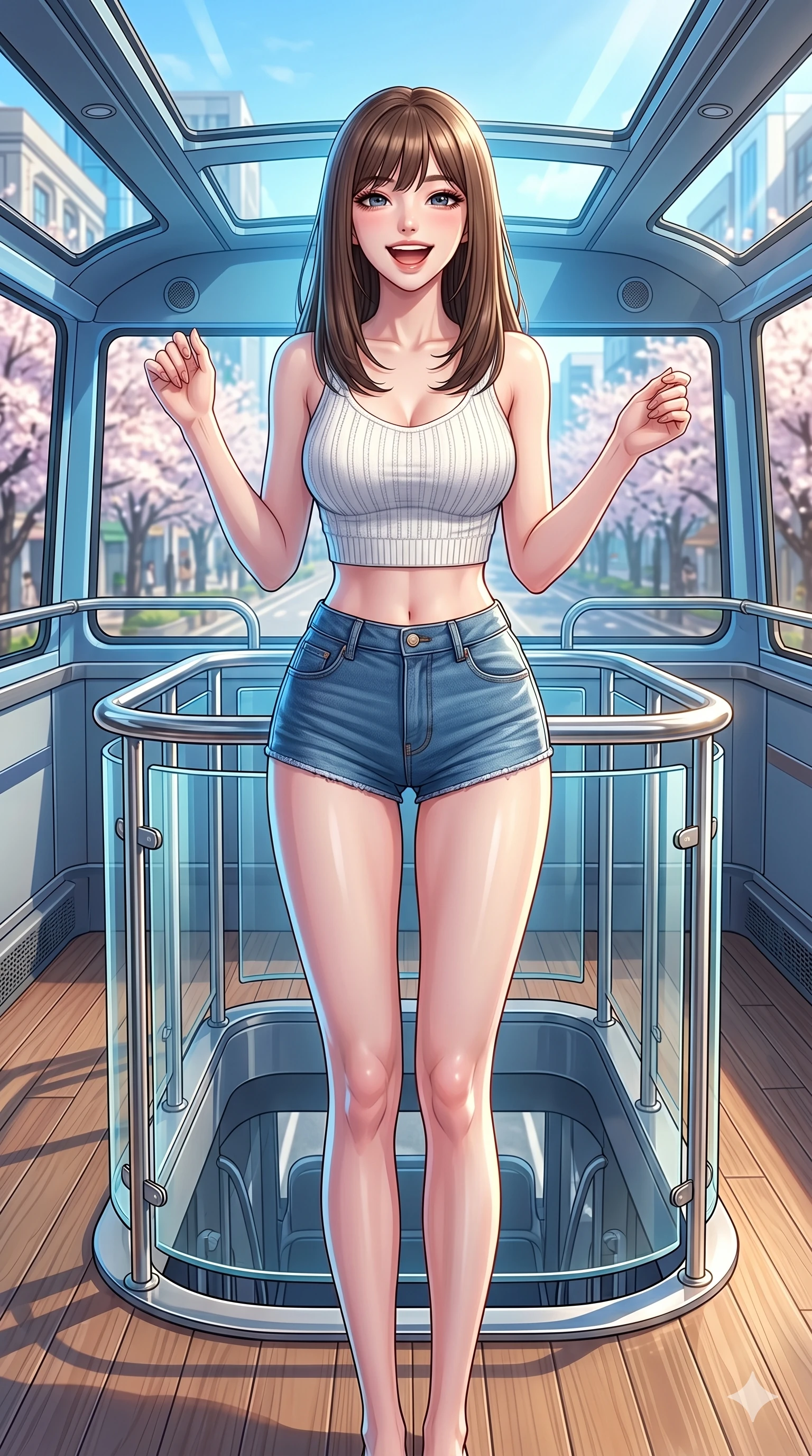 score_9, masterpiece, best quality, ultra-detailed, high-budget anime keyframe, vibrant anime aesthetic, Korean woman. cowboy shot from the thighs up, character and outfit filling the frame for maximum presence. She is posing with a cheerful laugh, looking directly into the lens with warm eyes on a luxury bus deck in a flower avenue (Code-P20-112). She has an absolutely perfect 8-heads proportion, an exceptionally tall and slender female figure with impossibly long slender legs and an ultra-slim waist. V-shaped jawline, high-bridge nose, intricate jewel-like eyes with depth, thick eyelashes, glossy lips with a natural sheen. wearing a tight crop top with bare midriff and micro-shorts. She is cool, bright sky reflections from all sides, outlining her tall slender figure. 2k, ultra detail, master piece, 9:16 ratio