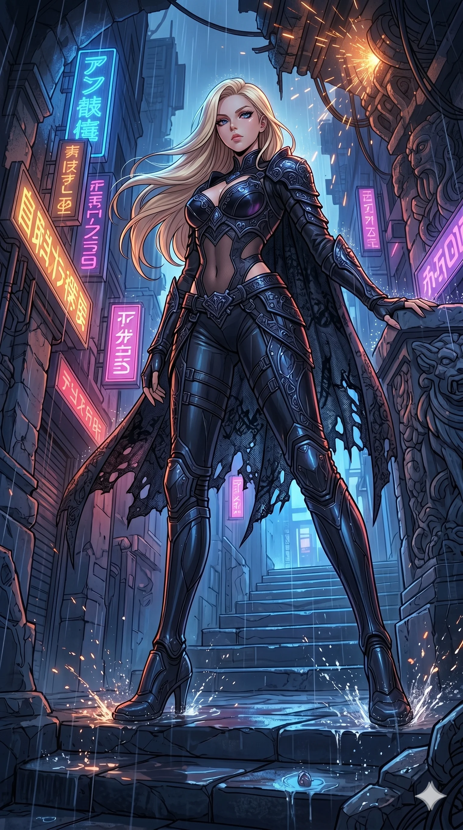 score_9, masterpiece, best quality, ultra-detailed, high-budget anime movie keyframe, cinematic anime lighting, intricate line art, Japanese woman. Low angle cowboy shot filling the entire 9:16 frame with her statuesque presence. exploring lost ruins in a neon-lit cyberpunk alleyway in a storm of sparks. She has an absolutely perfect 8-heads proportion, an exceptionally tall and slender female figure with an ultra-slim waist and impossibly long slender legs. sharp v-shaped jawline, high-bridge nose, intricate jewel-like eyes, thick eyelashes, glossy lips. Wearing dark fantasy gothic leather armor with ornate obsidian plates, a tattered lace cape, and sheer mesh cut-outs at the midriff, exuding a mysterious allure. The scene is illuminated by dramatic atmospheric lighting and vibrant color palettes. , 2k, ultra detail, master piece, 9:16 ratio