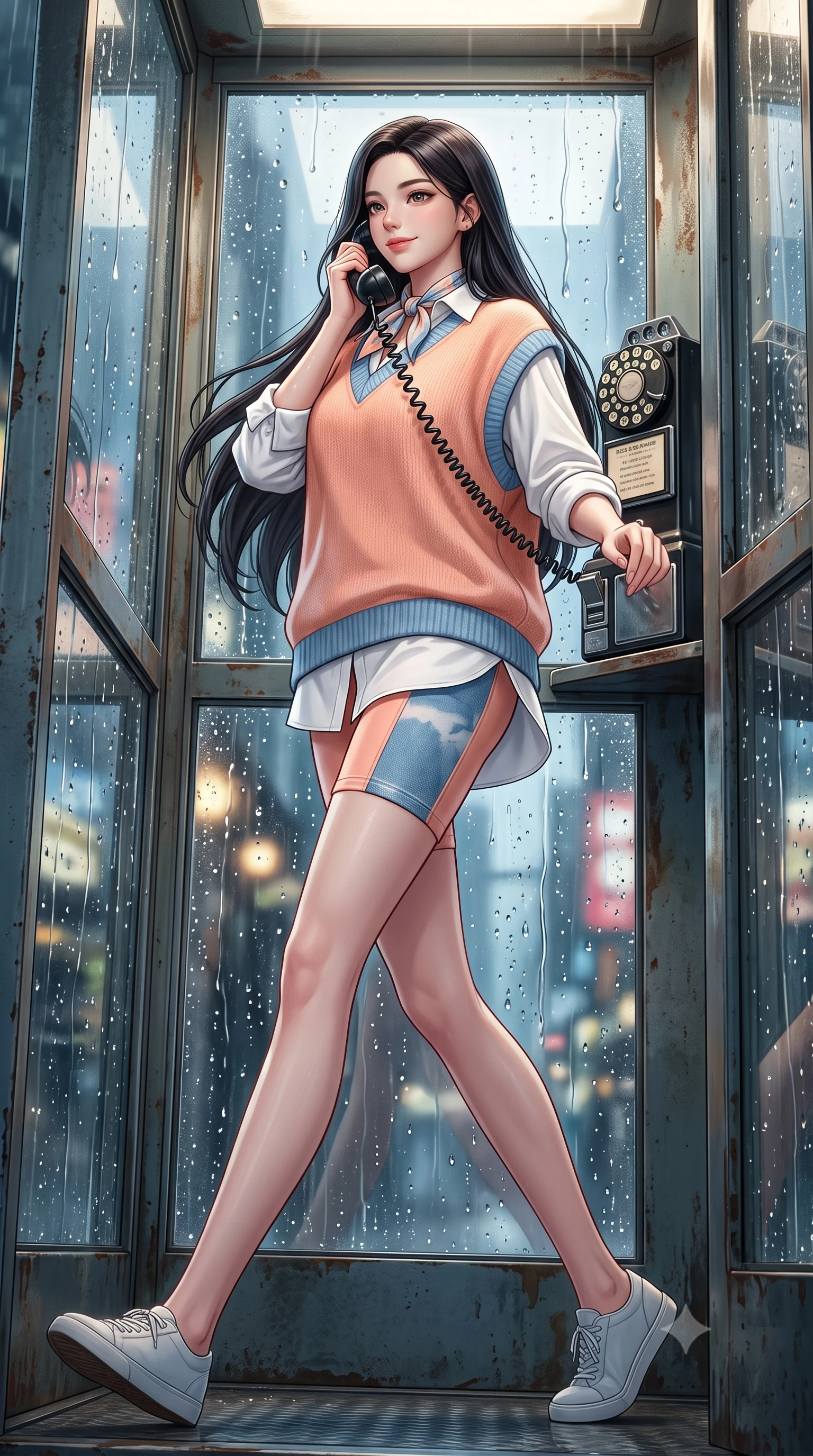 score_9, masterpiece, best quality, ultra-detailed, high-budget anime keyframe, semi-realistic 3D game render, editorial fashion photography, tasteful artistic composition, Korean woman. low angle full-body shot from head to toe showing her feet, filling the entire 9:16 vertical frame with her statuesque presence, stretching her vertical silhouette. executing an elegant mid-motion spin with effortless grace, her garments fluttering softly around her ultra-slim waistline while standing inside a vintage glass telephone booth with raindrops streaming down the panes, holding the receiver with a gentle smile. The surrounding environment is rendered in vivid detail and crisp panoramic clarity. crisp water droplet tracks on glass, rotary dial telephone textures, and weathered metal booth frames in deep focus. She has an absolutely perfect, statuesque 8.5-heads proportion, an exceptionally tall and slender model-like female figure with impossibly long slender legs, a toned flat midriff, and an ultra-slim waist. sharp v-shaped jawline, high-bridge nose, intricate jewel-like eyes with depth, thick eyelashes, glossy lips with a natural sheen, captivating and magnetic expression, flawlessly proportioned anatomical accuracy, strict slender model proportions, natural body alignment, perfectly sculpted long slender limbs, ultra-slim waistline, clean dynamic posture without body distortion. wearing an oversized 90s knit sweater vest worn over a crisp white boyfriend shirt and cycling shorts in soft peach and French sky blue, made of premium heavyweight washed denim and breathable cotton poplin, complemented by a delicate silk scarf tied playfully around her neck, the form-contouring material adhering flawlessly to her sculpted flat midriff and slender torso, emphasizing her long leg lines and perfectly proportioned willowy build. surrounded by an emotional, poetic, and heartwarming vintage movie heroine aura. highly saturated vibrant anime colors, detailed shading with soft gradients, rich glossy textures, high-contrast stereoscopic depth, volumetric dynamic lighting, master piece, 9:16 ratio