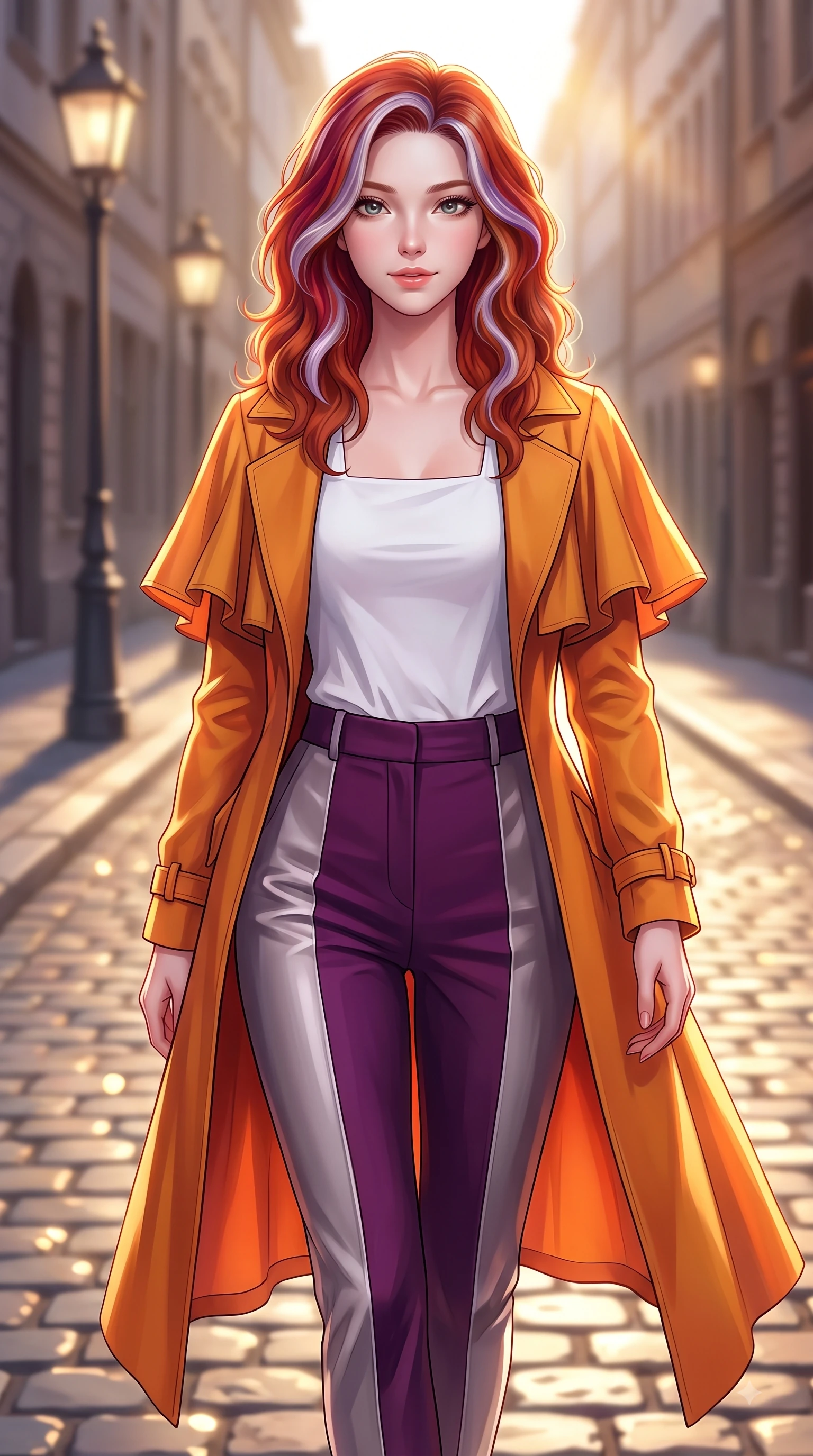 score_9, masterpiece, best quality, ultra-detailed, high-budget anime keyframe, editorial fashion photography, tasteful artistic composition, Caucasian woman. close-up cowboy shot from the waist and thighs up, the character dominates the composition, filling the frame with her large presence. Pure innocent expression with clear crystalline eyes, a gentle tender smile, and an airy serene aura while stepping along a quiet historic street with a commanding editorial posture. The composition keeps background elements in soft focus with dreamy bokeh. sunlit cobblestones and vintage street lamps softened in a dreamy editorial depth of field. She has an exceptionally elegant, slender, and willowy female figure with an ultra-slim waist, a gracefully sculpted slender torso, and a refined silhouette. sharp v-shaped jawline, high-bridge nose, intricate jewel-like eyes with depth, thick eyelashes, glossy lips with a natural sheen, flawlessly proportioned anatomical accuracy, natural body alignment, perfectly sculpted elegant limbs, clean dynamic posture without body distortion. wearing a stylish sunset amber trench coat over a crisp white shirt and tailored trousers in rich plum violet and metallic platinum, tailored from crisp high-density cotton poplin, featuring elegant flutter sleeves and a graceful square neckline, the chic fashion cut framing her graceful clavicle and slender torso. bathed in dramatic golden hour sunbursts casting long cinematic shadows. highly saturated vibrant anime colors, detailed shading with soft gradients, rich glossy textures, high-contrast stereoscopic depth, volumetric dynamic lighting, master piece, 9:16 ratio