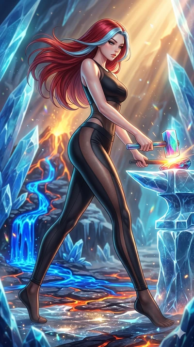score_9, masterpiece, best quality, ultra-detailed, high-budget anime keyframe, Japanese woman. low angle full-body shot filling the entire 9:16 frame with her statuesque presence, stretching the vertical silhouette. forging in a prismatic ice-volcan