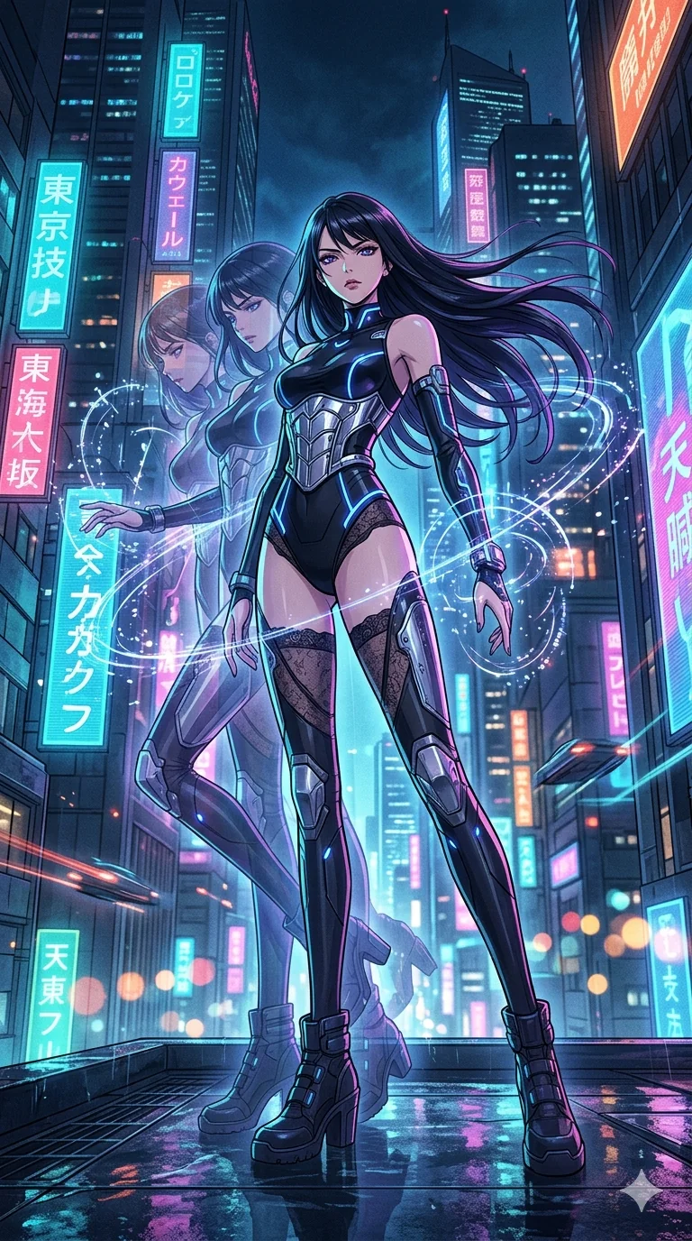 score_9, masterpiece, best quality, ultra-detailed, high-budget anime movie keyframe, cinematic anime lighting, intricate line art, Japanese anime girl. Dynamic full-body shot stretching the vertical silhouette with extreme perspective. manipulating the flow of time, creating multiple echoes of herself. She has an absolutely perfect 8-heads proportion, an exceptionally tall and slender female figure with an ultra-slim waist and impossibly long slender legs. strictly human anatomy, two legs only, no extra limbs, clearly defined legs and arms, perfect anatomy, perfect hands and fingers. sharp v-shaped jawline, high-bridge nose, intricate jewel-like eyes, thick eyelashes, glossy lips. Wearing Cyber-Tech Legacy: Asymmetrical high-cut tech-bodysuit with detached sleeves and chrome-plated corset over sheer lace. The scene is illuminated by dramatic atmospheric lighting and vibrant color palettes. , 2k, ultra detail, master piece, 9:16 ratio