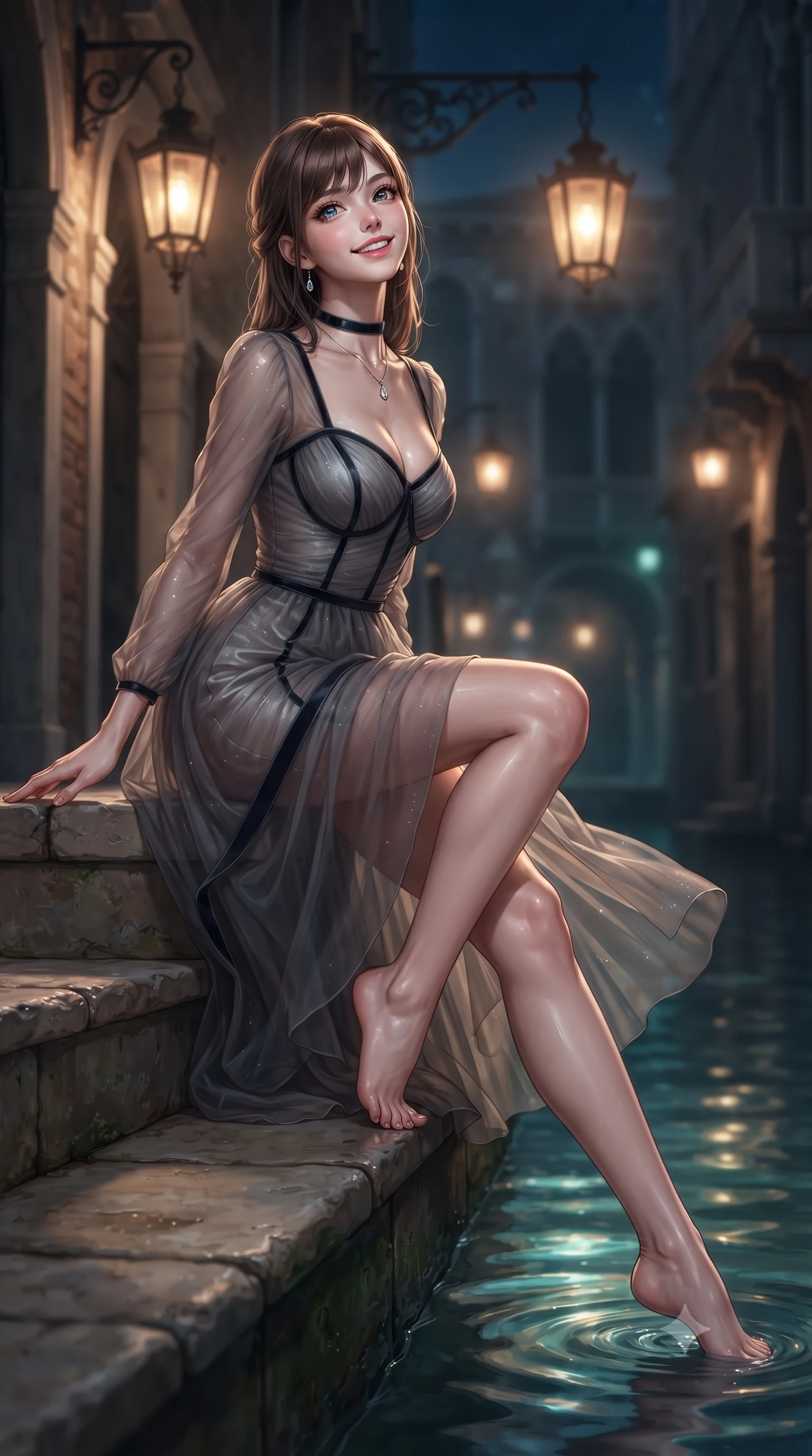 score_9, masterpiece, best quality, ultra-detailed, high-budget anime keyframe, editorial fashion photography, tasteful artistic composition, Korean woman. low angle full-body shot from head to toe showing her feet, filling the entire 9:16 vertical frame with her statuesque presence, stretching her vertical silhouette. sitting poised on the stone steps with one knee bent, arching her spine with supermodel elegance as she glances upward through thick eyelashes while walking slowly down the water loggia with supermodel poise, nocturnal lagoon breezes fluttering her sheer gown around her slender legs. The background shows a soft-focus hanging wrought-iron lanterns softened in romantic Venetian gothic nocturne shallow focus. She has an exceptionally tall and slender model-like 8.5-heads proportion, an ultra-slim waist, a flat toned midriff, narrow delicate ribcage, and beautifully sculpted feminine hips creating a graceful, slim hourglass silhouette without any bulky heaviness, with impossibly long slender legs. sharp v-shaped jawline, high-bridge nose, intricate jewel-like sparkling eyes with depth, thick eyelashes, glossy parted lips with a natural peach sheen, bright cheerful beaming smile with an enchanting and coquettish sensual glint, exuding both youthful cute charm and seductive allure, flawlessly proportioned anatomical accuracy, strict slender model proportions, natural body alignment, perfectly sculpted long slender limbs, ultra-slim waistline, clean dynamic posture without body distortion. wearing a provocative semi-sheer tulle cocktail dress with velvet ribbon piping contouring her narrow waist and hips in Hollywood starlight platinum and smoky charcoal, crafted from fluid liquid silk satin that clings smoothly to her narrow waist and rounded hips with a dewy sheen, finished with a thin velvet ribbon choker and a single teardrop diamond pendant, the glove-like clinging cut tightly following the natural contour of her hips and long slender legs with youthful 8.5-heads elegance. illuminated by canal water reflection bounce and sharp champagne-gold rim lights sculpting her features, flat midriff, and slender waist. ultra-reflective glossy finish, specular highlights, rich textural contrasts, high-contrast stereoscopic depth, volumetric dynamic lighting, 2k, ultra detail, master piece, 9:16 ratio