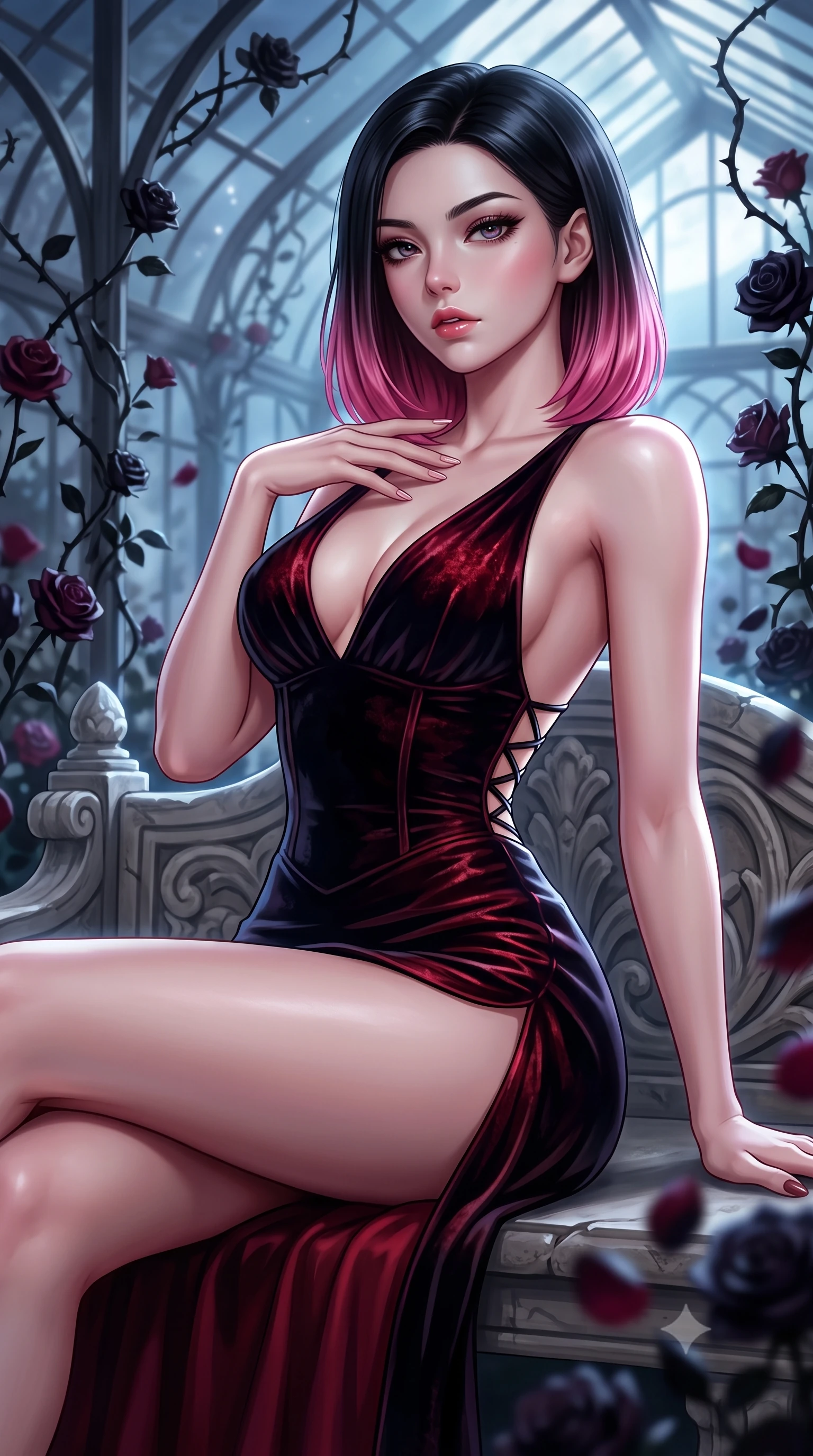 score_9, masterpiece, best quality, ultra-detailed, high-budget anime keyframe, semi-realistic 3D game render, editorial fashion photography, tasteful artistic composition, Korean woman. close-up cowboy shot from the waist and thighs up, the character dominates the composition, filling the frame with her large presence. resting one manicured hand delicately on her bare collarbone, her upper body twisting in a fluid, voluptuous yet slender curve while reclining languidly on an antique stone bench in a moonlit glasshouse orangerie as thorny black rose vines climb the iron rafters. The composition keeps background elements in soft focus with creamy bokeh. moonlit orangerie glass framework and blooming black rose petals blurred into deep obsidian, wine-ruby, and lunar-silver bokeh. She has an exceptionally elegant, slender, and willowy female figure with an ultra-slim waist, a gracefully sculpted slender torso, toned flat midriff, and a refined slim silhouette. sharp v-shaped jawline, high-bridge nose, intricate jewel-like eyes with depth, thick eyelashes, glossy parted lips with a natural sheen, intensely captivating and seductive expression, flawlessly proportioned anatomical accuracy, strict slender model proportions, natural body alignment, perfectly sculpted long slender limbs, ultra-slim waistline, clean dynamic posture without body distortion. wearing a plunging-V neckline crushed velvet corseted evening gown with an open scooped back and high-cut thigh slit in midnight obsidian black and blood crimson, made of fluid silk crepe with delicate inner corsetry boning, accented with criss-cross corset back lacing highlighting her graceful shoulder blades, the form-contouring material adhering flawlessly to her sculpted flat midriff and slender torso, emphasizing her long leg lines and perfectly proportioned willowy build. surrounded by a seductive, aristocratic, and dangerously alluring vampire queen aura. highly saturated vibrant anime colors, detailed shading with soft gradients, rich glossy textures, high-contrast stereoscopic depth, volumetric dynamic lighting, master piece, 9:16 ratio