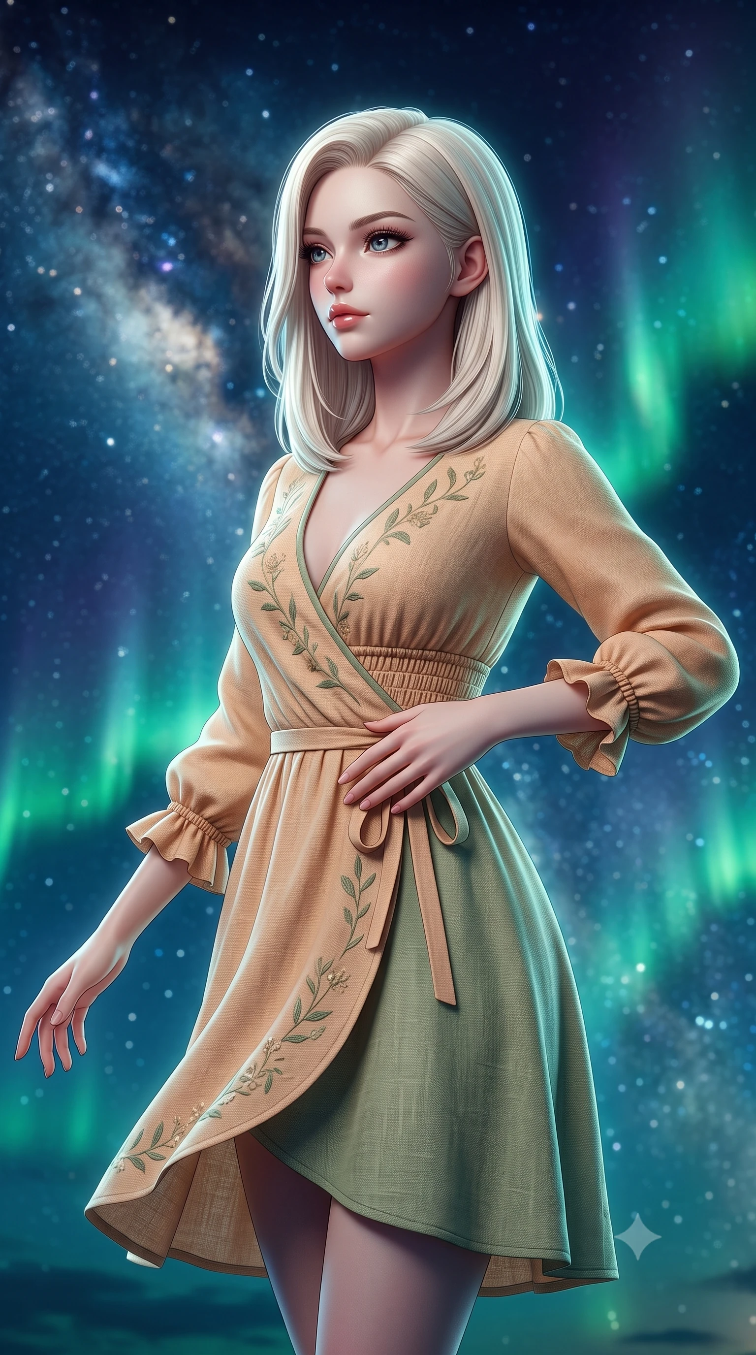 score_9, masterpiece, best quality, ultra-detailed, high-budget anime keyframe, semi-realistic 3D game render, editorial fashion photography, tasteful artistic composition, Caucasian woman. close-up cowboy shot from the waist and thighs up, the character dominates the composition, filling the frame with her large presence. resting one hand lightly on her waist while casting a charming, captivating side-gaze with thick eyelashes while standing poised against a majestic starlit night sky with arms gently outstretched in peaceful wonder. The composition keeps background elements in soft focus with creamy bokeh. dazzling Milky Way star clusters and dancing emerald aurora ribbons blurred into deep indigo, teal, and celestial bokeh. She has an exceptionally elegant, slender, and willowy female figure with an ultra-slim waist, a gracefully sculpted slender torso, toned flat midriff, and a refined slim silhouette. sharp v-shaped jawline, high-bridge nose, intricate jewel-like eyes with depth, thick eyelashes, glossy lips with a natural sheen, pure and lovely fresh girlhood expression, flawlessly proportioned anatomical accuracy, strict slender model proportions, natural body alignment, perfectly sculpted long slender limbs, ultra-slim waistline, clean dynamic posture without body distortion. wearing a romantic wrap-style linen sundress with subtle botanical embroidery and a dainty waist tie in warm apricot and sage green, knitted from ultra-soft cozy baby-cashmere yarn, accented with soft smocked elastic details and ruffled cuff trims, the relaxed yet flattering fit accentuating her naturally graceful and slender figure, highlighting her youthful charm and lovely silhouette. illuminated by soft celestial starlight and lantern rim light defining her slender, elegant silhouette. highly saturated vibrant anime colors, detailed shading with soft gradients, rich glossy textures, high-contrast stereoscopic depth, volumetric dynamic lighting, master piece, 9:16 ratio