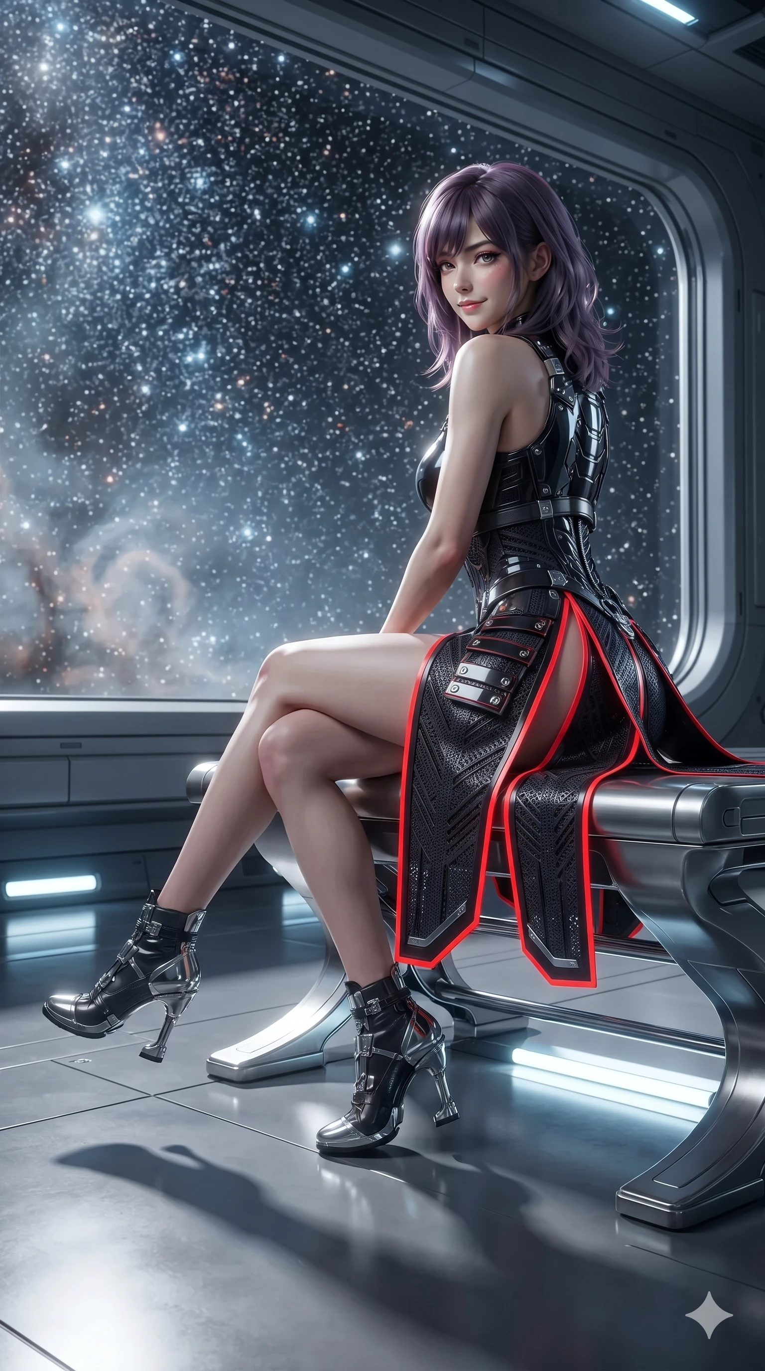 score_9, masterpiece, best quality, ultra-detailed, high-budget anime keyframe, editorial fashion photography, tasteful artistic composition, Japanese woman. low angle full-body shot from head to toe showing her feet, filling the entire 9:16 vertical frame with her statuesque presence, stretching her vertical silhouette. posing in a classic haute-couture S-curve stance beside the panoramic viewport, looking over a bare shoulder with magnetic presence while sitting gracefully on the sculptural chrome bench with legs crossed, flashing an enchanting smile with parted glossy lips under the canopy of a thousand newborn stars. The background shows a soft-focus faint nebular gas haze softened in deep void observation dome shallow focus. She has an absolutely perfect, statuesque 8.5-heads proportion, an exceptionally tall and slender model-like female figure with impossibly long slender legs, an ultra-slim waist, a flat toned midriff, narrow delicate ribcage, and beautifully sculpted feminine hips creating a graceful, slim hourglass silhouette without any bulky heaviness. sharp v-shaped jawline, high-bridge nose, intricate jewel-like sparkling eyes with depth, thick eyelashes, glossy parted lips with a natural sheen, bright confident smile with an enchanting and coquettish sensual glint, exuding both youthful magnetic charm and sovereign high-tech allure, flawlessly proportioned anatomical accuracy, strict slender model proportions, natural body alignment, perfectly sculpted long slender limbs, ultra-slim waistline, clean dynamic posture without body distortion. wearing a cyber-samurai tactical suit featuring a shortened carbon chestplate and high-slit armored wrap skirt in midnight black lacquer and vibrant scarlet neon, crafted from sheer technical cyber-lace reinforced with ultra-thin Kevlar threads, finished with sharp laser-cut side ventilation slits framed by silver hardware rings, the precision-cut side openings and low-back scoop framing her graceful spine and the sensual sweep of her slim, toned hips. bathed in the soft, multi-colored omnidirectional glow of glowing stellar nebulae combined with crisp under-floor floor uplights. ultra-reflective glossy finish, specular highlights, rich textural contrasts, high-contrast stereoscopic depth, volumetric dynamic lighting, 2k, ultra detail, master piece, 9:16 ratio