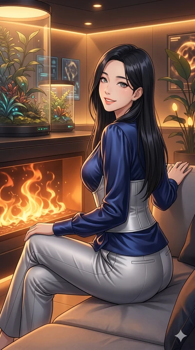 score_9, masterpiece, best quality, ultra-detailed, high-budget anime keyframe, Korean woman. Upper body close-up from the thighs up, character filling the screen for maximum presence. Inside a biotech garden lounge, next to a digital fireplace, sitt