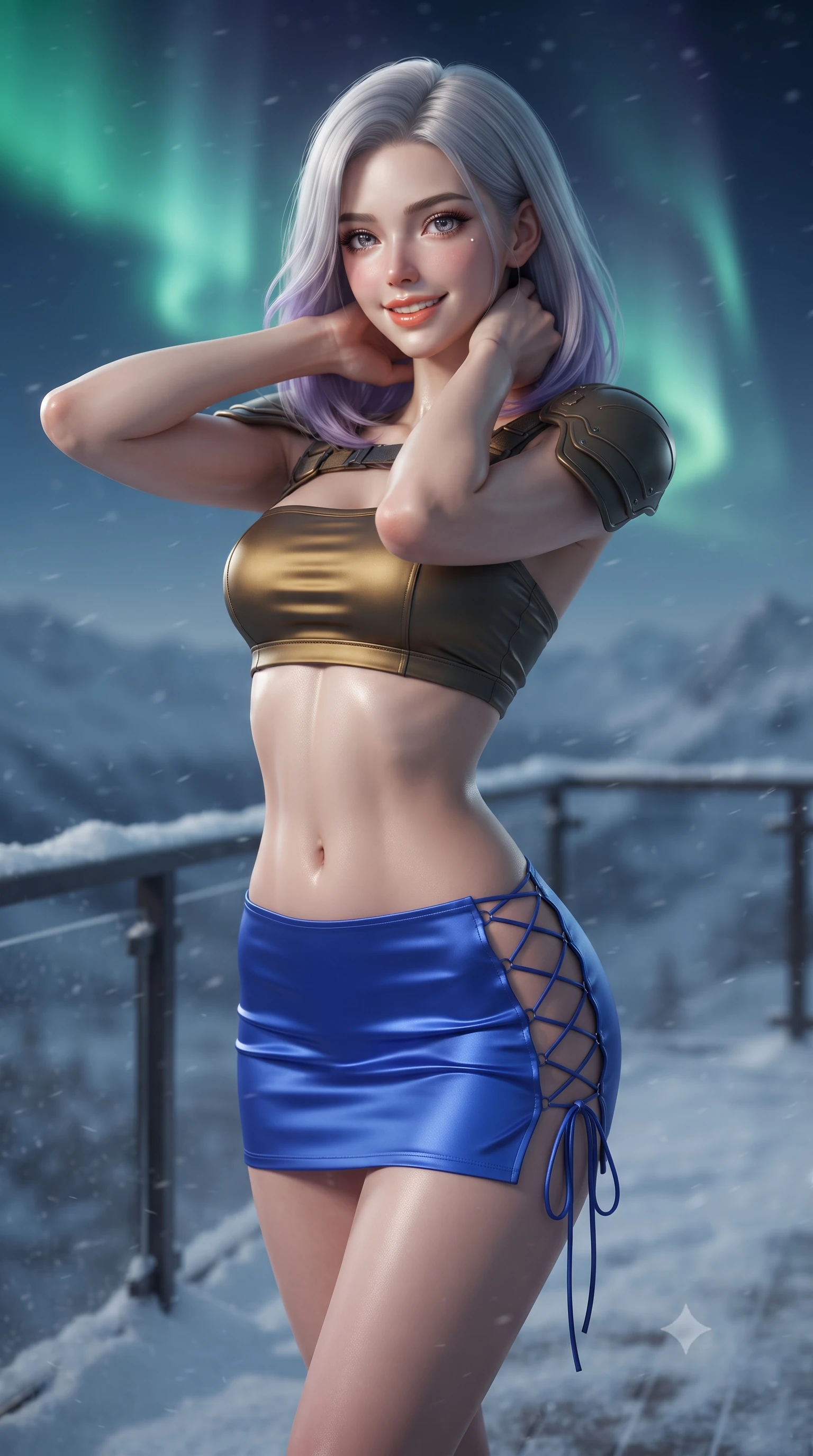 score_9, masterpiece, best quality, ultra-detailed, high-budget anime keyframe, editorial fashion photography, tasteful artistic composition, Caucasian woman. close-up cowboy shot from the waist and thighs up, the character dominates the composition, filling the frame with her large presence. resting both hands lightly behind her neck with elbows raised, arching her spine to highlight her narrow waist, flat midriff, and breathtaking collarbones while standing poised on the snow-dusted cantilevered observation deck beneath a shimmering emerald aurora curtain, arching her spine with ethereal warrior poise. The background shows a soft-focus fine wind-whipped powder snow softened in high-altitude mountain outpost shallow focus. She has an exceptionally elegant, slender, and willowy female figure with an ultra-slim waist, flat toned midriff, narrow ribcage, and sculpted feminine hips creating an alluring, slim hourglass silhouette without bulk. sharp v-shaped jawline, high-bridge nose, intricate jewel-like sparkling eyes with depth, thick eyelashes, glossy parted lips with a natural peach sheen, bright cheerful beaming smile with an enchanting and coquettish sensual glint, exuding both youthful cute charm and seductive allure, flawlessly proportioned anatomical accuracy, strict slender model proportions, natural body alignment, perfectly sculpted long slender limbs, ultra-slim waistline, clean dynamic posture without body distortion. wearing an ultra-cropped tactical tech-wear bandeau top with molded shoulder armor paired with a micro mini skirt revealing her flat toned midriff in Jovian storm amber and electric cobalt, crafted from fluid liquid silk satin that clings smoothly to her narrow waist and rounded hips with a dewy sheen, featuring fine criss-cross lace-up side ties revealing tantalizing glimpses of her hip curve, the form-contouring silhouette accentuating her sculpted flat midriff, narrow delicate ribcage, and gracefully curvy hips with intoxicating allure. bathed in the natural undulating luminescence of polar auroras contrasted with warm 2500K dome interior cove lighting. ultra-reflective glossy finish, specular highlights, rich textural contrasts, high-contrast stereoscopic depth, volumetric dynamic lighting, 2k, ultra detail, master piece, 9:16 ratio