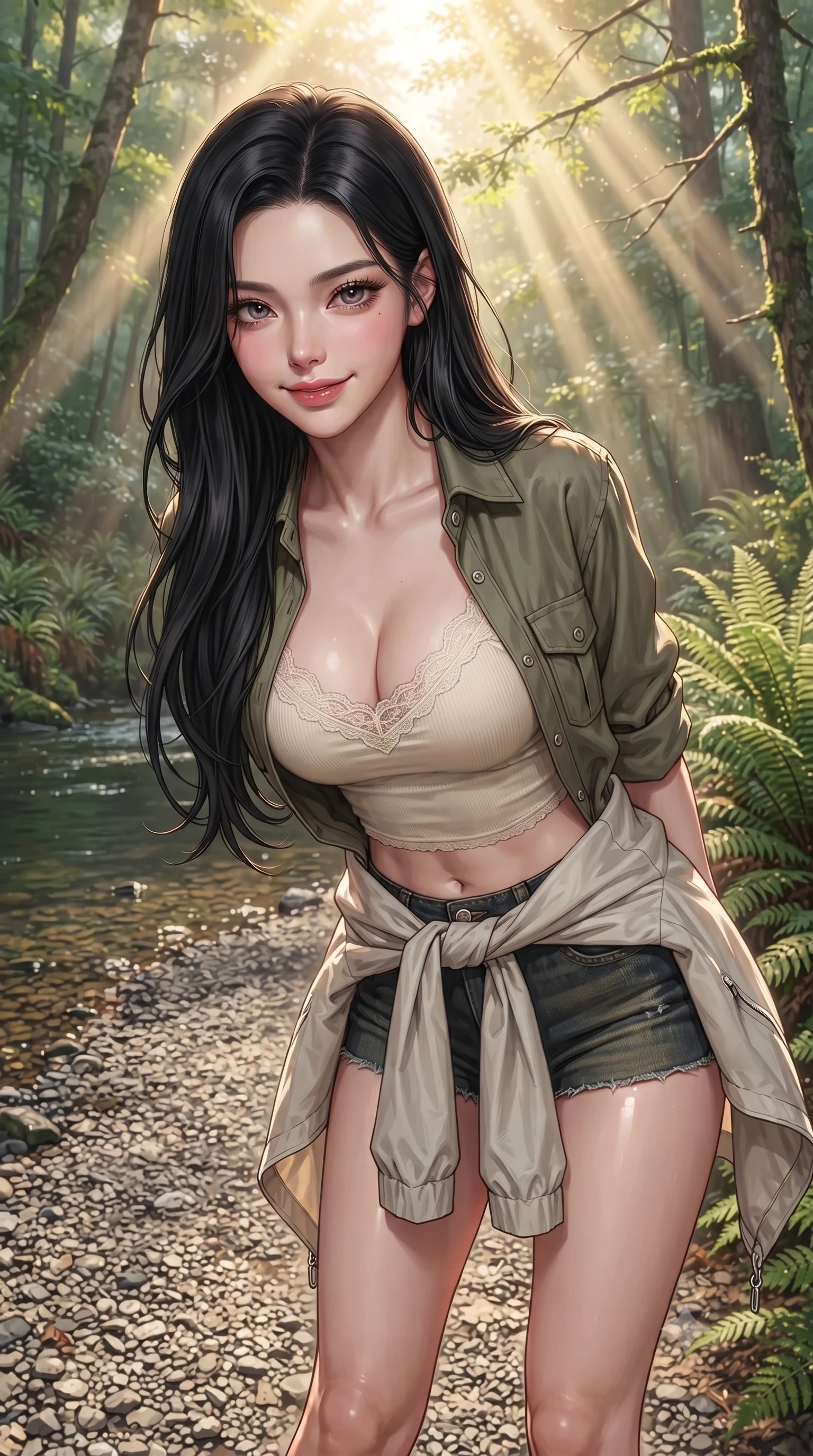 score_9, masterpiece, best quality, ultra-detailed, high-budget anime keyframe, editorial fashion photography, tasteful artistic composition, Korean woman. close-up cowboy shot from the waist and thighs up, the character dominates the composition, filling the frame with her large presence, background elements kept in soft focus. leaning slightly forward with a playful, sultry smile that holds direct, intense eye contact set against a soft-focus background of on a gravel bank of a forest stream surrounded by tall ferns and trees carrying a light windbreaker jacket tied around her waist. She has an exceptionally elegant, slender, and willowy female figure with an ultra-slim waist, a gracefully sculpted slender torso, and a refined silhouette. sharp v-shaped jawline, high-bridge nose, intricate jewel-like eyes with depth, thick eyelashes, glossy lips with a natural sheen. wearing slim-fit delicate lace-accented crop top under an open utility shirt, paired with micro-shorts. volumetric sunbeams creating beautiful light shafts through the tree branches. ultra-reflective glossy finish, specular highlights, metallic sheen, high-contrast stereoscopic depth, volumetric dynamic lighting, 2k, ultra detail, master piece, 9:16 ratio