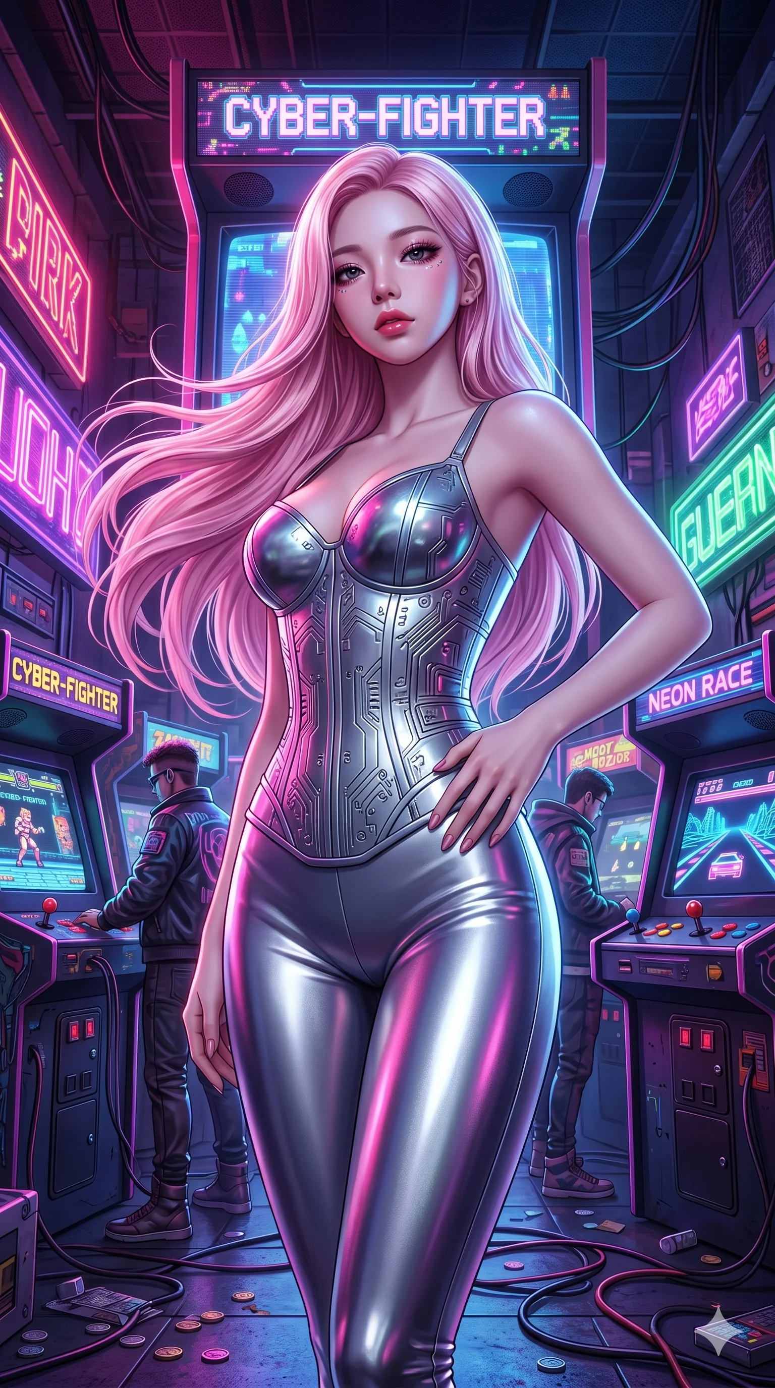 score_9, masterpiece, best quality, ultra-detailed, highly detailed CG unity 8k render, an incredibly beautiful Korean anime girl. Low angle cowboy shot filling the frame. She has an absolutely perfect 8-heads proportion, an exceptionally tall female figure with a delicate skinny figure. Her face is a highly detailed masterpiece featuring a v-shaped jawline, high-bridge nose, intricate jewel-like eyes, thick eyelashes, and glossy lips. She has pastel pink flowing hair. She is wearing a form-fitting metallic silver corset and tight leggings, highlighting her alluring silhouette. Neon arcade interior, vivid cyberpunk lighting, dramatic rim lighting, cinematic shadows, 2k, ultra detail, master piece, 9:16 ratio