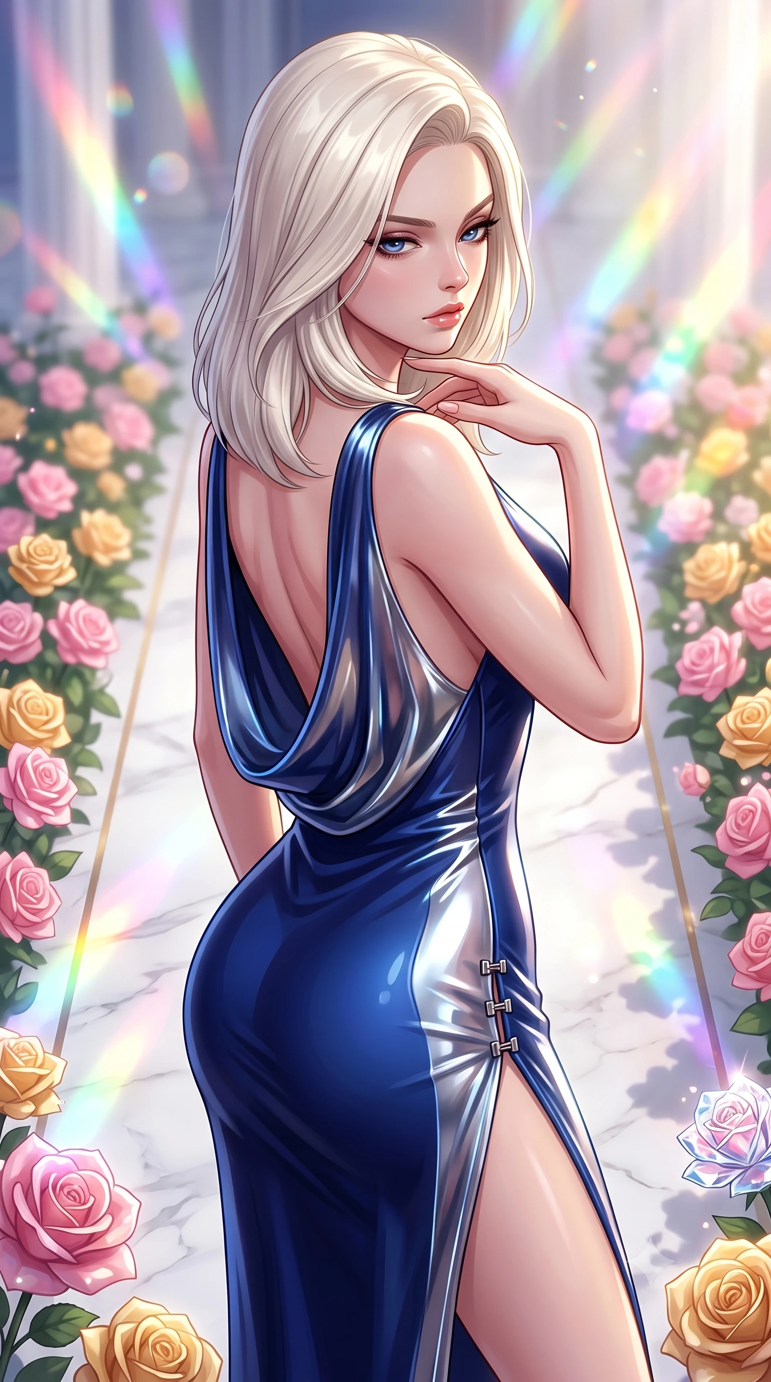 score_9, masterpiece, best quality, ultra-detailed, high-budget anime keyframe, semi-realistic 3D game render, editorial fashion photography, tasteful artistic composition, Caucasian woman. close-up cowboy shot from the waist and thighs up, the character dominates the composition, filling the frame with her large presence. resting her fingers lightly against her throat while looking down with a smoldering, haughty yet intensely captivating glance while pivoting dynamically along a white marble aisle lined with fragrant pink and golden roses catching brilliant sunlight. The composition keeps background elements in soft focus with creamy bokeh. blooming crystal roses and rainbow spectrum light beams blurred into dazzling, radiant pastel bokeh. She has an exceptionally elegant, slender, and willowy female figure with an ultra-slim waist, a gracefully sculpted slender torso, toned flat midriff, and a refined slim silhouette. sharp v-shaped jawline, high-bridge nose, intricate jewel-like eyes with depth, thick eyelashes, glossy lips with a natural sheen, flawlessly proportioned anatomical accuracy, strict slender model proportions, natural body alignment, perfectly sculpted long slender limbs, ultra-slim waistline, clean dynamic posture without body distortion. wearing a precision-fitted liquid jersey bodycon dress with a dramatic draped cowl back that swoops down to her waist and a high side slit in deep royal navy blue and specular chrome, tailored from semi-translucent cybernetic vinyl with glowing micro-filaments, finished with an ultra-high side slit secured by miniature magnetic clasps, the glove-like aerodynamic second-skin fit tightly clinging to her ultra-slender waist and athletic curves without adding bulk, accentuating her razor-sharp statuesque lines and slim hourglass silhouette. bathed in brilliant morning sunlight intersected by saturated rainbow crystal prism refractions. highly saturated vibrant anime colors, detailed shading with soft gradients, rich glossy textures, high-contrast stereoscopic depth, volumetric dynamic lighting, master piece, 9:16 ratio