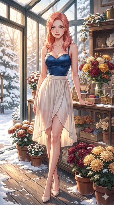 score_9, masterpiece, best quality, ultra-detailed, high-budget anime keyframe, vibrant anime aesthetic, Japanese woman. cowboy shot from the thighs up, character and outfit filling the frame for maximum presence. She is leaning against a boutique di
