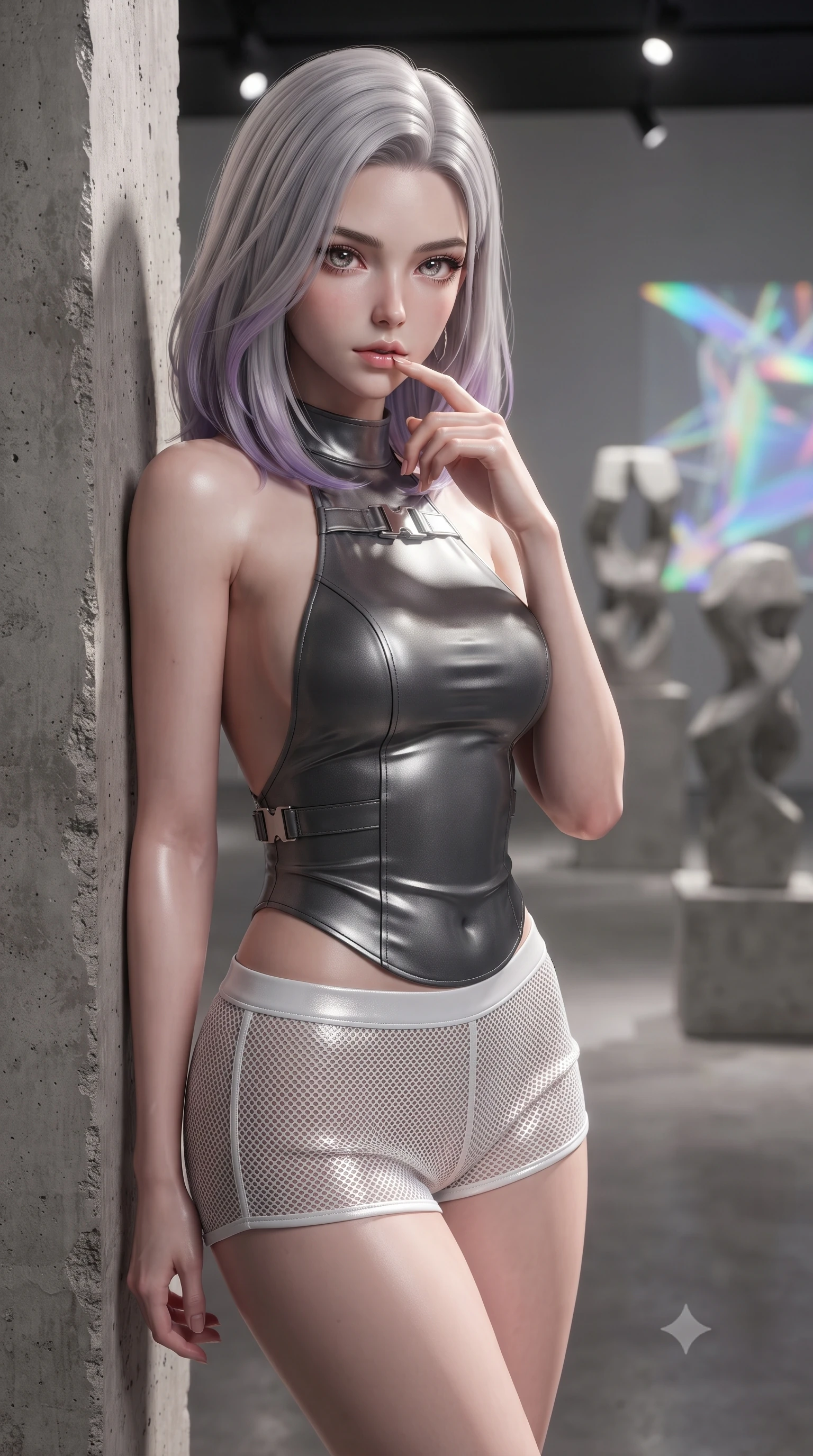 score_9, masterpiece, best quality, ultra-detailed, high-budget anime keyframe, editorial fashion photography, tasteful artistic composition, Caucasian woman. close-up cowboy shot from the waist and thighs up, the character dominates the composition, filling the frame with her large presence, background elements kept in soft focus. pressing one finger to her bottom lip in a thoughtful, composed gesture, locking eyes with the viewer, the background shows a soft-focus a sculpture terrace art gallery lounge with concrete pillars and holographic art. She has an exceptionally elegant, slender, and willowy female figure with an ultra-slim waist, a gracefully sculpted slender torso, and a refined silhouette. sharp v-shaped jawline, high-bridge nose, intricate jewel-like eyes with depth, thick eyelashes, glossy lips with a natural sheen. wearing a form-contouring backless combat halter top in charcoal grey, paired with white carbon-mesh micro-shorts. focused spotlights casting sharp, detailed highlights on her clothing. ultra-reflective glossy finish, specular highlights, metallic sheen, high-contrast stereoscopic depth, volumetric dynamic lighting, 2k, ultra detail, master piece, 9:16 ratio