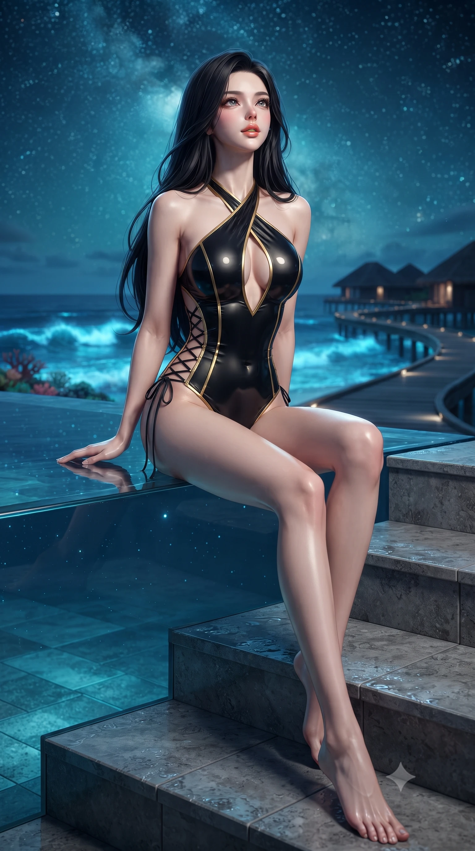 score_9, masterpiece, best quality, ultra-detailed, high-budget anime keyframe, editorial fashion photography, tasteful artistic composition, Korean woman. low angle full-body shot from head to toe showing her feet, filling the entire 9:16 vertical frame with her statuesque presence, stretching her vertical silhouette. sitting poised on the stone steps with one knee bent, arching her spine with supermodel elegance as she glances upward through thick eyelashes while leaning over the glass infinity rim with hips cocked back, looking out into the starlit Indian Ocean with smoldering bedroom-eyes. The background shows a soft-focus neon-blue glowing bioluminescent waves crashing on distant coral reefs, silhouettes of overwater bungalows on winding wooden boardwalks, and Milky Way core blurred into electric cyan, turquoise, and obsidian bokeh. She has an absolutely perfect, statuesque 8.5-heads proportion, an exceptionally tall and slender model-like female figure with impossibly long slender legs, an ultra-slim waist, a flat toned midriff, narrow delicate ribcage, and beautifully sculpted feminine hips creating a graceful, slim hourglass silhouette without any bulky heaviness. sharp v-shaped jawline, high-bridge nose, sparkling eyes with hypnotic seductive depth, thick curled eyelashes, glossy parted lips with a natural dewy peach sheen, alluring bedroom-eyes with an enchanting coquettish smile, exuding magnetic siren charisma and sophisticated glamour, flawlessly proportioned anatomical accuracy, strict slender model proportions, natural body alignment, perfectly sculpted long slender limbs, ultra-slim waistline, clean dynamic posture without body distortion. wearing a criss-cross halterneck keyhole bodysuit with open back and sculpted waist darts in Shanghai Art Deco black and polished brass gold, tailored from fine structural neoprene with crisp architectural edges and smooth contouring, featuring fine criss-cross lace-up side ties revealing tantalizing glimpses of her hip curve, the liquid-tight tailored fabric clinging flawlessly to her narrow waist and rounded feminine hips, emphasizing every millimeter of her sculpted slim hourglass curves without any bulky heaviness. illuminated by underwater pool reflection bounce and sharp platinum-turquoise rim lights sculpting her razor-sharp jawline, narrow waist, and curvy hips. ultra-reflective glossy finish, specular highlights, rich textural contrasts, high-contrast stereoscopic depth, volumetric dynamic lighting, 2k, ultra detail, master piece, 9:16 ratio