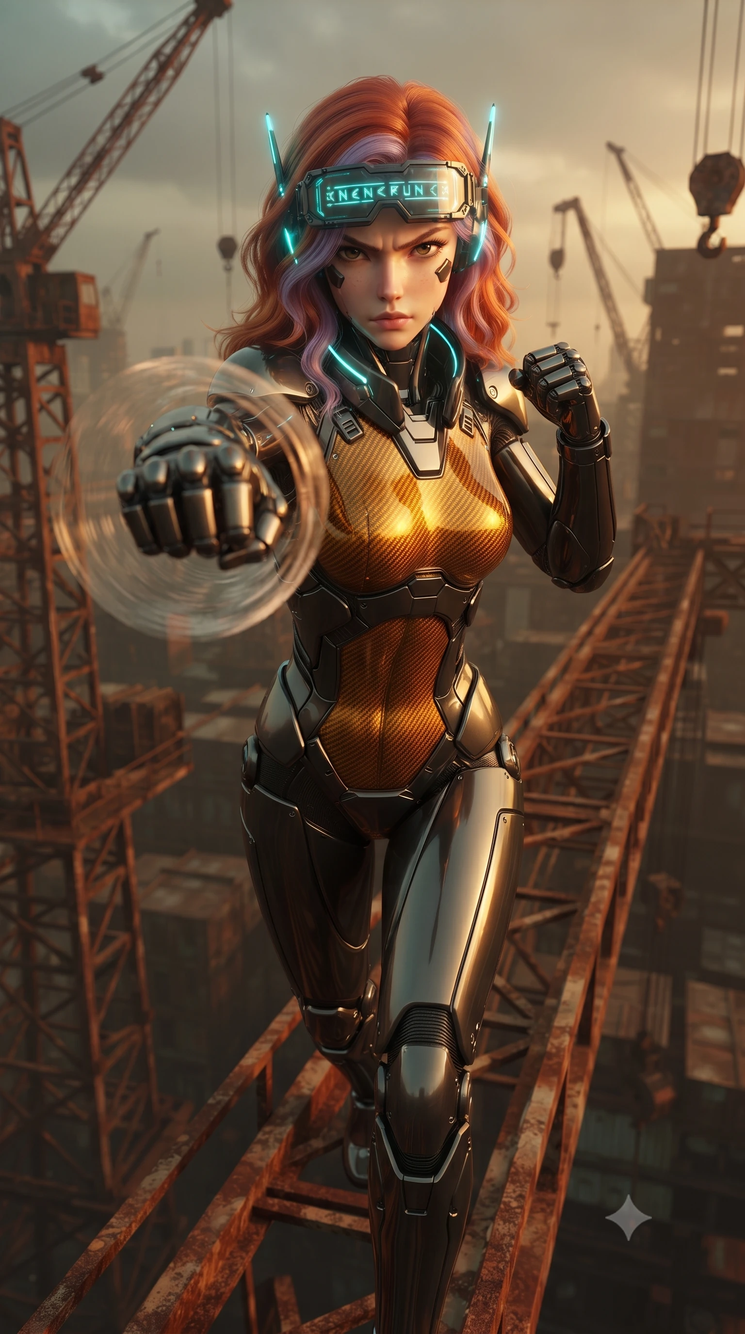 score_9, masterpiece, best quality, ultra-detailed, high-budget anime keyframe, editorial fashion photography, tasteful artistic composition, Caucasian woman. close-up cowboy shot from the waist and thighs up, the character dominates the composition, filling the frame with her large presence. thrusting a high-speed kinetic punch toward the camera, a visible conical shockwave distortion wrapping around her armored forearm while stepping along a narrow rusted crane beam suspended above the metal graveyard with supreme supermodel balance. The surrounding environment is rendered in vivid detail and crisp panoramic clarity. sharp ear-sensor crown LED filaments, detailed carbon armor weave, and rusted machine textures in deep focus. She has an exceptionally elegant, slender, and willowy female figure with an ultra-slim waist, a gracefully sculpted slender torso, toned flat midriff, and a refined slim silhouette. sharp v-shaped jawline, high-bridge nose, intricate jewel-like eyes with depth, thick eyelashes, glossy lips with a natural sheen, fierce and resolute heroine expression, flawlessly proportioned anatomical accuracy, strict slender model proportions, natural body alignment, perfectly sculpted long slender limbs, ultra-slim waistline, clean dynamic posture without body distortion. wearing high-tech holographic tactical goggles resting tipped up on her forehead, casting glowing neon runes across her brow without obscuring her features, paired with an ultra-sleek high-gloss carbon-composite exoskeleton suit featuring kinetic shock-absorbing shin guards and flexible limb articulation joints in molten amber-gold carbon cuirass with dark gunmetal weave, formed from high-gloss patent carbon-plating with specular dystopian chiaroscuro reflections, featuring a sleek aerodynamic collar framed by subtle glowing cybernetic status LEDs, the liquid-tight tailored fabric emphasizing every curve of her tall, slender model proportions and sculptured silhouette during dynamic movement. bathed in atmospheric amber emergency lighting and pulsing cyan sonar crown glow. ultra-reflective glossy finish, specular highlights, dark metallic sheen, high-contrast stereoscopic depth, volumetric dynamic lighting, 2k, ultra detail, master piece, 9:16 ratio