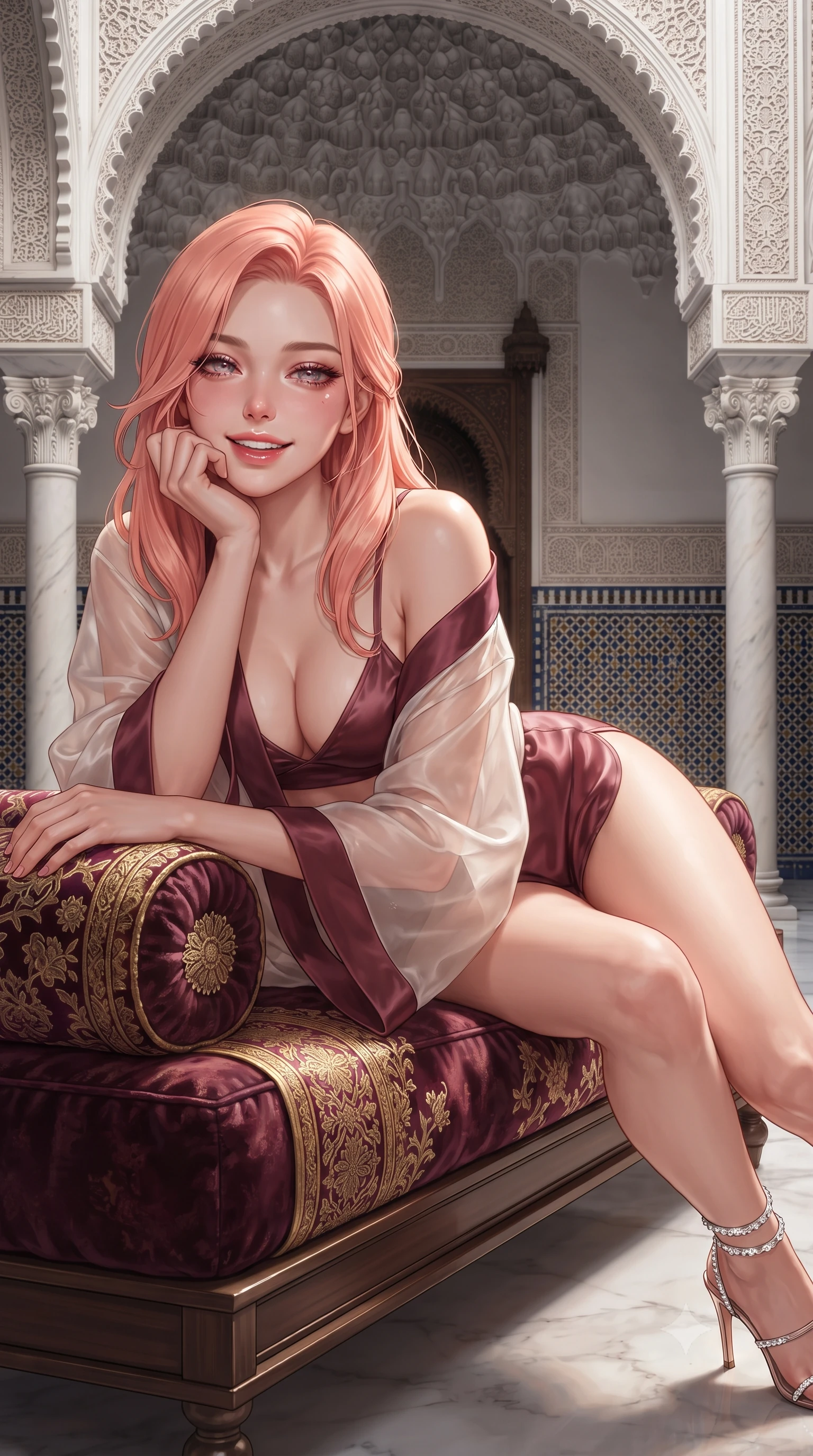 score_9, masterpiece, best quality, ultra-detailed, high-budget anime keyframe, editorial fashion photography, tasteful artistic composition, Japanese woman. close-up cowboy shot from the waist and thighs up, the character dominates the composition, filling the frame with her large presence. resting one elbow on the table and supporting her chin, leaning close to the camera with heavy-lidded sparkling eyes and parted lips while reclining gracefully on the low velvet divan placed beneath the arched portico propped on one elbow, displaying her long slender limbs and statuesque hourglass silhouette with regal poise. The surrounding environment is rendered in vivid detail and crisp panoramic clarity: sharp hand-carved muqarnas plaster honeycomb vaults, glazed blue-and-gold zellij tile wainscoting, and white marble column capitals in deep focus. She has an exceptionally elegant, slender, and willowy female figure with an ultra-slim waist, flat toned midriff, narrow ribcage, and sculpted feminine hips creating an alluring, slim hourglass silhouette without bulk. sharp v-shaped jawline, high-bridge nose, intricate jewel-like sparkling eyes with depth, thick eyelashes, glossy parted lips with a natural peach sheen, bright cheerful beaming smile with an enchanting and coquettish sensual glint, exuding both youthful cute charm and seductive allure, flawlessly proportioned anatomical accuracy, strict slender model proportions, natural body alignment, perfectly sculpted long slender limbs, ultra-slim waistline, clean dynamic posture without body distortion. wearing a sheer silk organza modern kimono robe worn loose and slipping off bare shoulders over a matching satin bralette and micro-shorts in Belvedere ivory pearl and Habsburg bordeaux wine, crafted from fluid liquid silk satin that clings smoothly to her narrow waist and rounded hips with a dewy sheen, complemented by strappy stiletto sandals with crystal ankle wraps accentuating her slender calves, the liquid-tight tailored fabric clinging flawlessly to her narrow waist and rounded feminine hips, emphasizing every millimeter of her sculpted slim hourglass curves without any bulky heaviness. illuminated by white marble floor reflection bounce and sharp platinum-gold rim lights sculpting her razor-sharp jawline, narrow waist, and curvy hips. ultra-reflective glossy finish, specular highlights, rich textural contrasts, high-contrast stereoscopic depth, volumetric dynamic lighting, 2k, ultra detail, master piece, 9:16 ratio