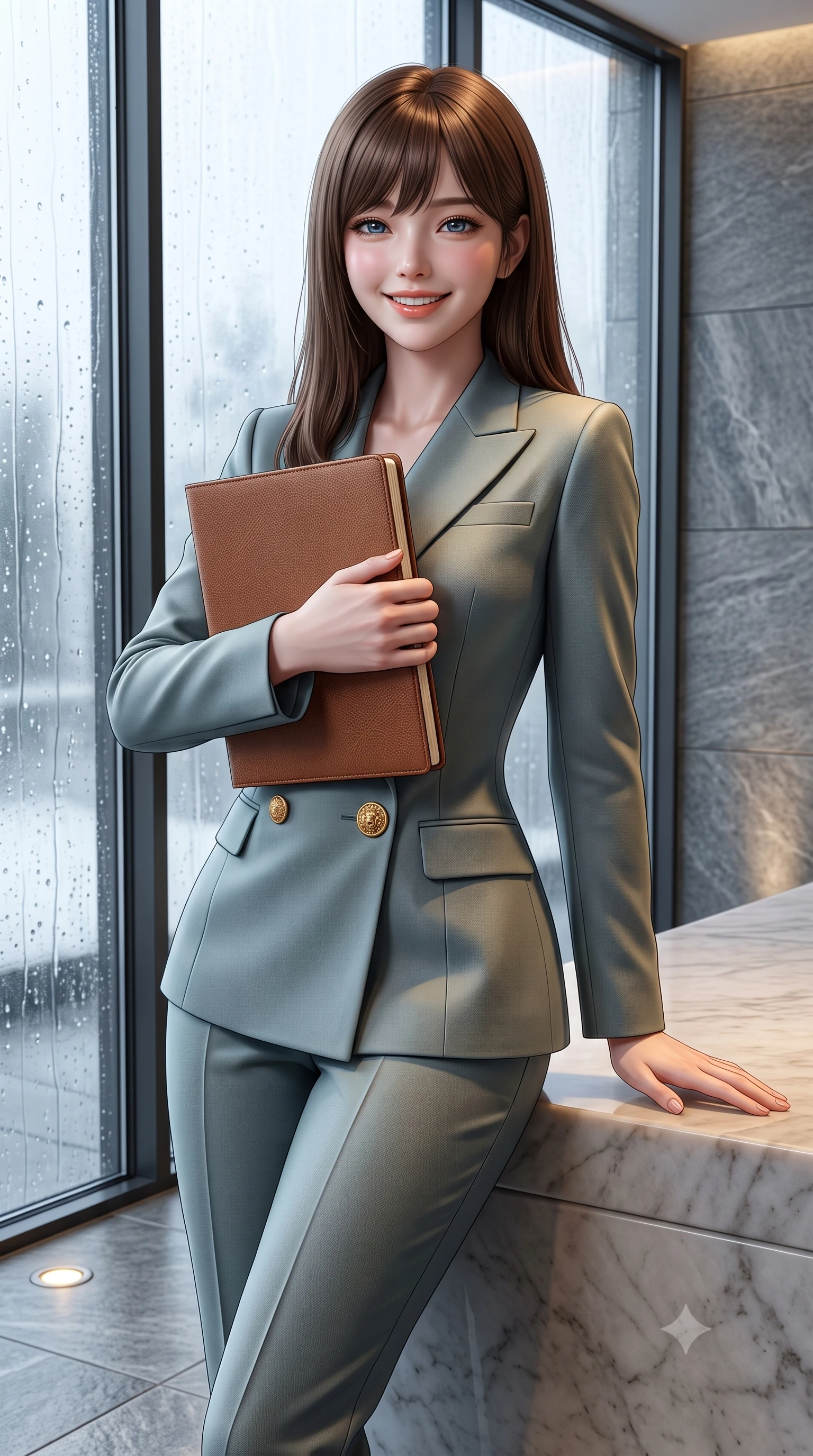 score_9, masterpiece, best quality, ultra-detailed, high-budget anime keyframe, semi-realistic 3D game render, editorial fashion photography, tasteful artistic composition, Korean woman. close-up cowboy shot from the waist and thighs up, the character dominates the composition, filling the frame with her large presence. holding a leather notebook close to her chest with both arms, smiling delightfully with youthful scholarly grace while leaning against a smooth heated marble bench, resting one hand on the warm stone with effortless wellness-model grace. The surrounding environment is rendered in vivid detail and crisp panoramic clarity: sharp thermal glass mullion seams, water droplet rivulets on exterior panes, and textured grey Vals quartzite stone tiles in deep focus. She has an exceptionally elegant, slender, and willowy female figure with an ultra-slim waist, flat toned midriff, narrow ribcage, and sculpted feminine hips creating an alluring, slim hourglass silhouette without bulk. sharp v-shaped jawline, high-bridge nose, intricate jewel-like sparkling eyes with depth, thick eyelashes, glossy parted lips with a natural peach sheen, bright cheerful beaming smile with an enchanting and coquettish sensual glint, exuding both youthful cute charm and seductive allure, flawlessly proportioned anatomical accuracy, strict slender model proportions, natural body alignment, perfectly sculpted long slender limbs, ultra-slim waistline, clean dynamic posture without body distortion. wearing a refined double-breasted wool gabardine pantsuit with clean minimalist tailoring and a concealed placket in misty Arashiyama bamboo green and slate grey, woven from fine Australian merino wool with a smooth fluid drape and subtle sheen, accented with an ornate 24k gold lion-embossed crest button along the front closure, the bespoke architectural tailoring hugging her natural waistline with sartorial precision, creating a clean graceful hourglass silhouette with tall model elegance. bathed in calm diffused winter daylight filtering through steamy glass panes combined with warm 2800K recessed floor lights. highly saturated vibrant anime colors, detailed shading with soft gradients, rich glossy textures, high-contrast stereoscopic depth, volumetric dynamic lighting, master piece, 9:16 ratio
