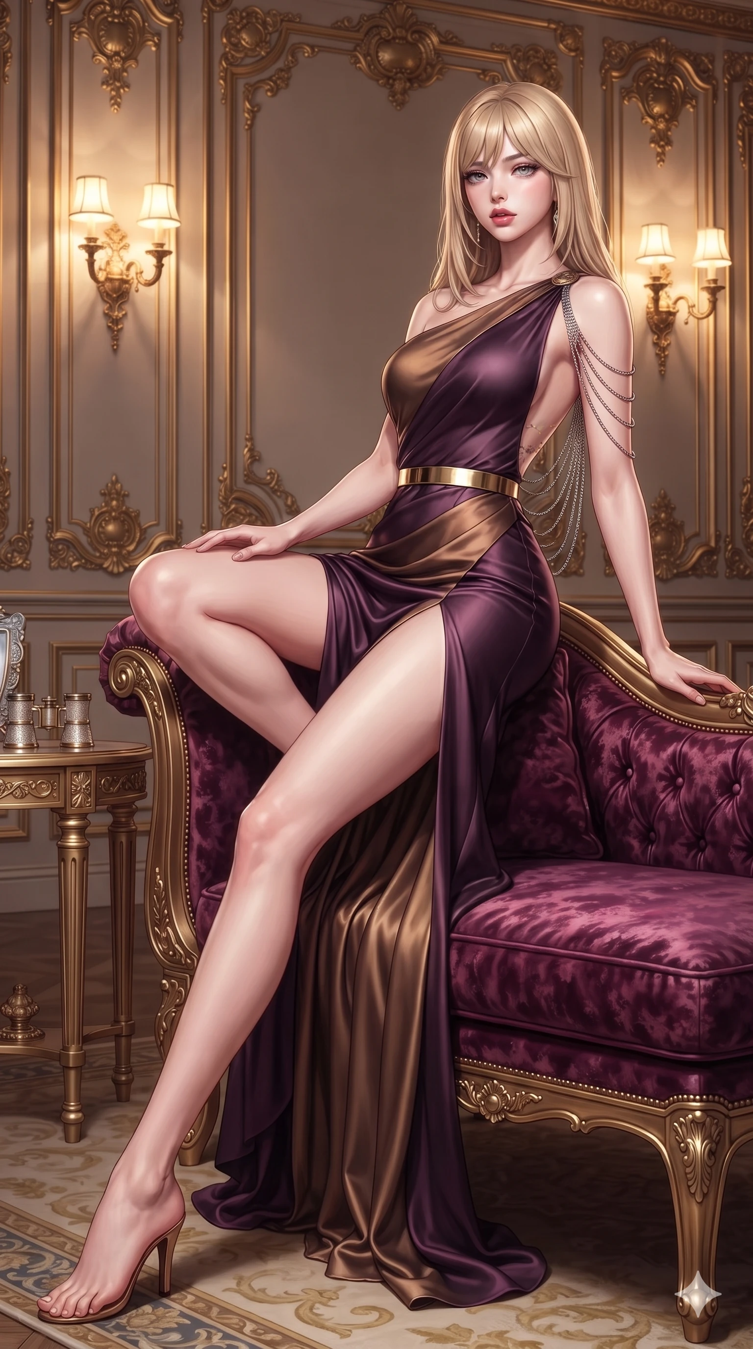 score_9, masterpiece, best quality, ultra-detailed, high-budget anime keyframe, semi-realistic 3D game render, editorial fashion photography, tasteful artistic composition, Japanese woman. low angle full-body shot from head to toe showing her feet, filling the entire 9:16 vertical frame with her statuesque presence, stretching her vertical silhouette. reclining gracefully across the plush chaise lounge with one leg extended, her sculpted silhouette and flat midriff radiating magnetic nocturnal glamour while sitting perched on the arm of the gilded velvet armchair with legs crossed, arching her spine with supermodel poise under opulent wall sconces. The surrounding environment is rendered in vivid detail and crisp panoramic clarity: sharp crushed velvet balustrade piping, mother-of-pearl opera glass casings, and crisp gilded cartouche relief in deep focus. She has an exceptionally tall and slender model-like 8.5-heads proportion, an ultra-slim waist, a flat toned midriff, narrow delicate ribcage, and beautifully sculpted feminine hips creating a graceful, slim hourglass silhouette without any bulky heaviness, with impossibly long slender legs. sharp v-shaped jawline, high-bridge nose, intricate jewel-like eyes with depth, thick eyelashes, glossy parted lips with a natural sheen, intensely captivating and seductive bedroom-eyes expression, flawlessly proportioned anatomical accuracy, strict slender model proportions, natural body alignment, perfectly sculpted long slender limbs, ultra-slim waistline, clean dynamic posture without body distortion. wearing an asymmetrical one-shoulder crepe evening gown with waist-cinching gold metal belt and elegant drapery in deep plum violet and antique bronze, crafted from fluid liquid silk satin that clings smoothly to her narrow waist and rounded hips with a dewy sheen, accented with an open-back drape framed by falling strands of delicate chrome chains, the form-contouring silhouette accentuating her sculpted flat midriff, narrow delicate ribcage, and gracefully curvy hips with intoxicating allure. illuminated by gilded wood reflection bounce and sharp starlight-gold rim lights defining her jawline, narrow waist, and curvy hips. highly saturated vibrant anime colors, detailed shading with soft gradients, rich glossy textures, high-contrast stereoscopic depth, volumetric dynamic lighting, master piece, 9:16 ratio
