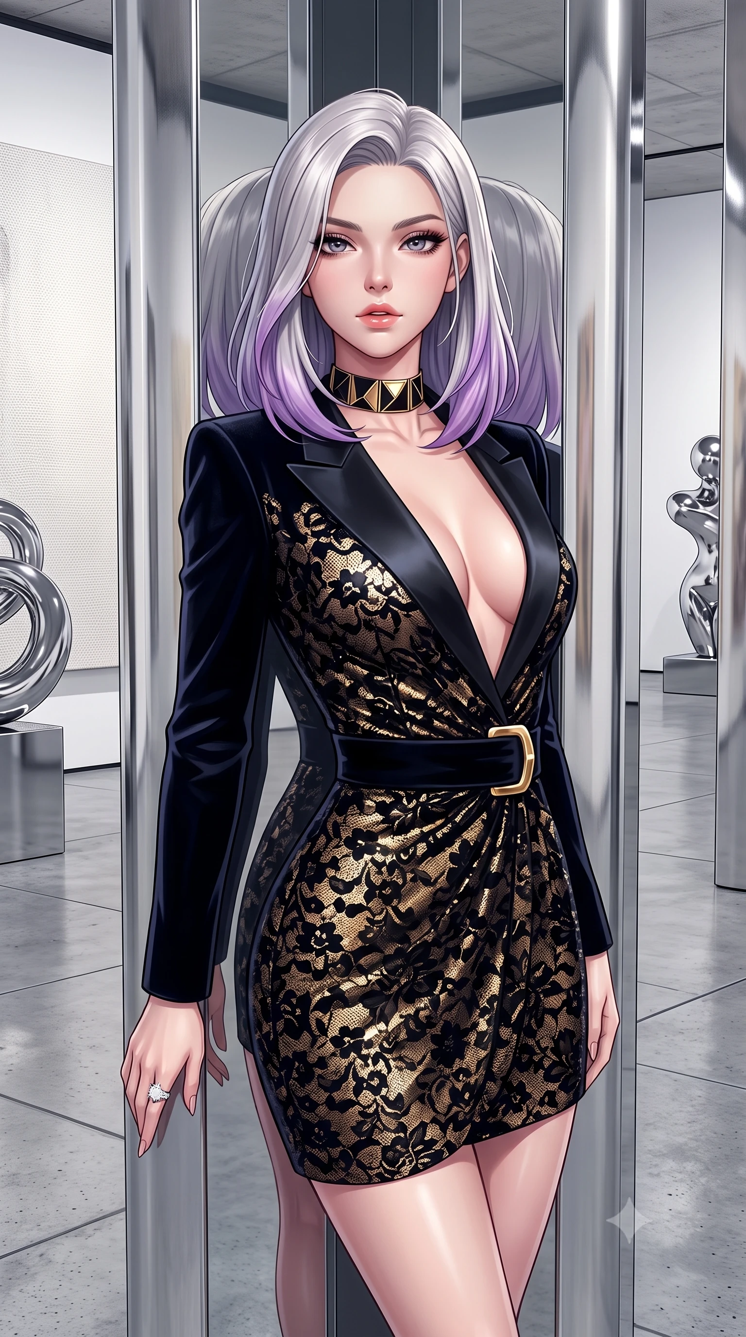 score_9, masterpiece, best quality, ultra-detailed, high-budget anime keyframe, semi-realistic 3D game render, editorial fashion photography, tasteful artistic composition, Caucasian woman. close-up cowboy shot from the waist and thighs up, the character dominates the composition, filling the frame with her large presence. leaning back with relaxed seductive grace, her sculpted collarbones and narrow waist highlighted as she casts smoldering bedroom-eyes directly into the camera while standing poised between mirror-finished stainless steel columns, her graceful hourglass silhouette multiplied into infinite reflections. The surrounding environment is rendered in vivid detail and crisp panoramic clarity. sharp canvas texture weave, polished chrome sculpture surfaces, and concrete gallery floor seams in deep focus. She has an exceptionally elegant, slender, and willowy female figure with an ultra-slim waist, flat toned midriff, narrow ribcage, and sculpted feminine hips creating an alluring, slim hourglass silhouette without bulk. sharp v-shaped jawline, high-bridge nose, intricate jewel-like eyes with depth, thick eyelashes, glossy parted lips with a natural sheen, intensely captivating and seductive bedroom-eyes expression, flawlessly proportioned anatomical accuracy, strict slender model proportions, natural body alignment, perfectly sculpted long slender limbs, ultra-slim waistline, clean dynamic posture without body distortion. wearing a tailored velvet tuxedo jacket dress with satin lapels, worn with a deep plunge neckline and gold hip buckle in midnight obsidian black and liquid gold, formed from shimmering floral lace over smooth opaque silk lining, complemented by a bold geometric choker and sparkling cocktail ring, the second-skin form-contouring cut accentuating her sculpted flat midriff, narrow delicate ribcage, and gracefully curvy hips with supermodel precision. surrounded by a sophisticated, avant-garde, and dangerously seductive art-world muse aura. highly saturated vibrant anime colors, detailed shading with soft gradients, rich glossy textures, high-contrast stereoscopic depth, volumetric dynamic lighting, master piece, 9:16 ratio